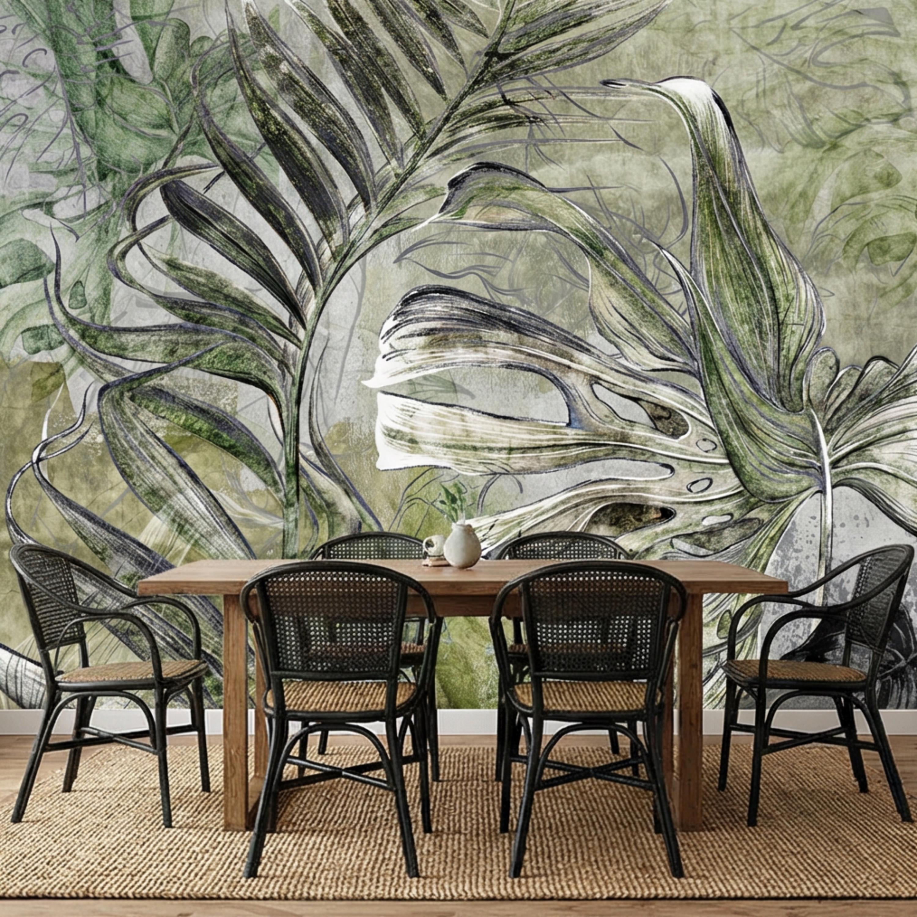 Sage Green Botanical Leaves Peel and Stick Wall Mural, Monstera Palm Watercolor Sketch, Modern Organic Neutral Wallpaper