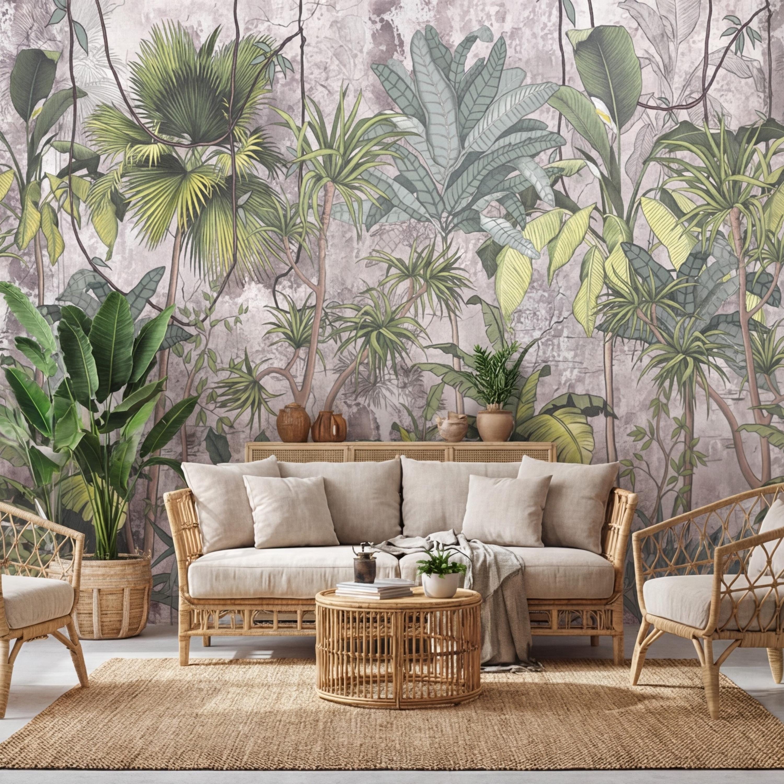 Tropical Jungle Peel and Stick Wall Mural, Sage Green Palm & Banana Leaves, Neutral Textured Plaster Background, Modern Organic Wallpaper