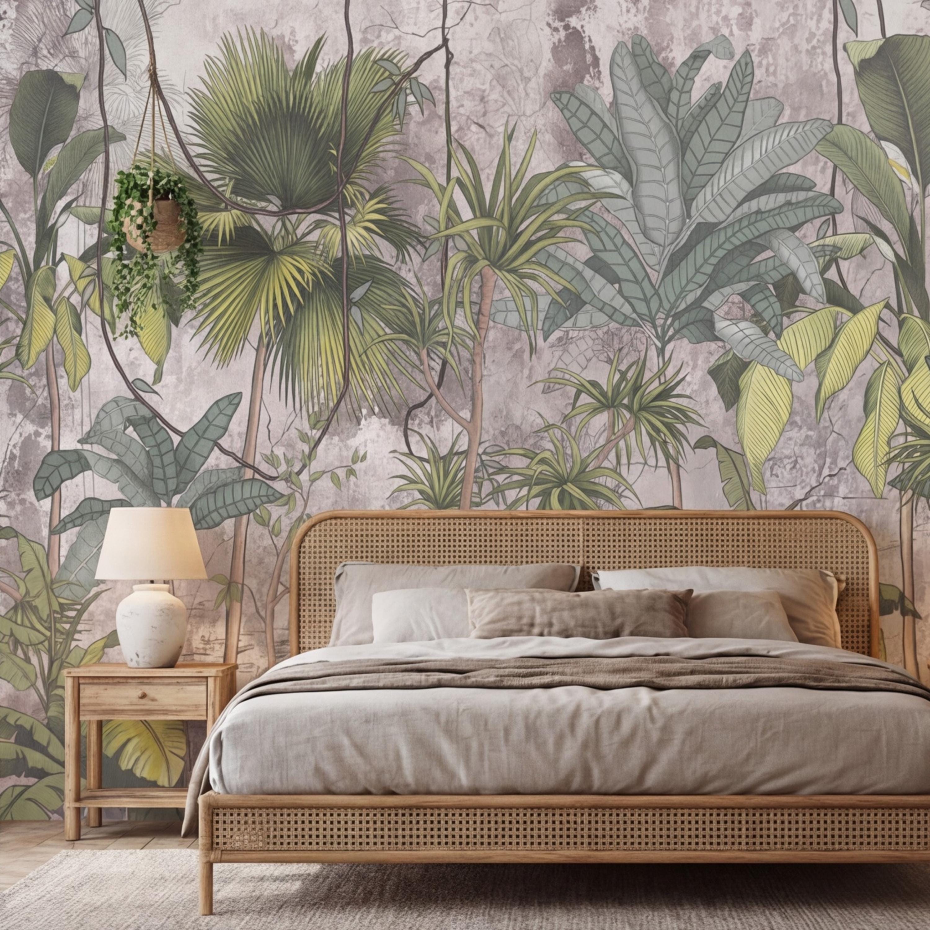 Tropical Jungle Peel and Stick Wall Mural, Sage Green Palm & Banana Leaves, Neutral Textured Plaster Background, Modern Organic Wallpaper