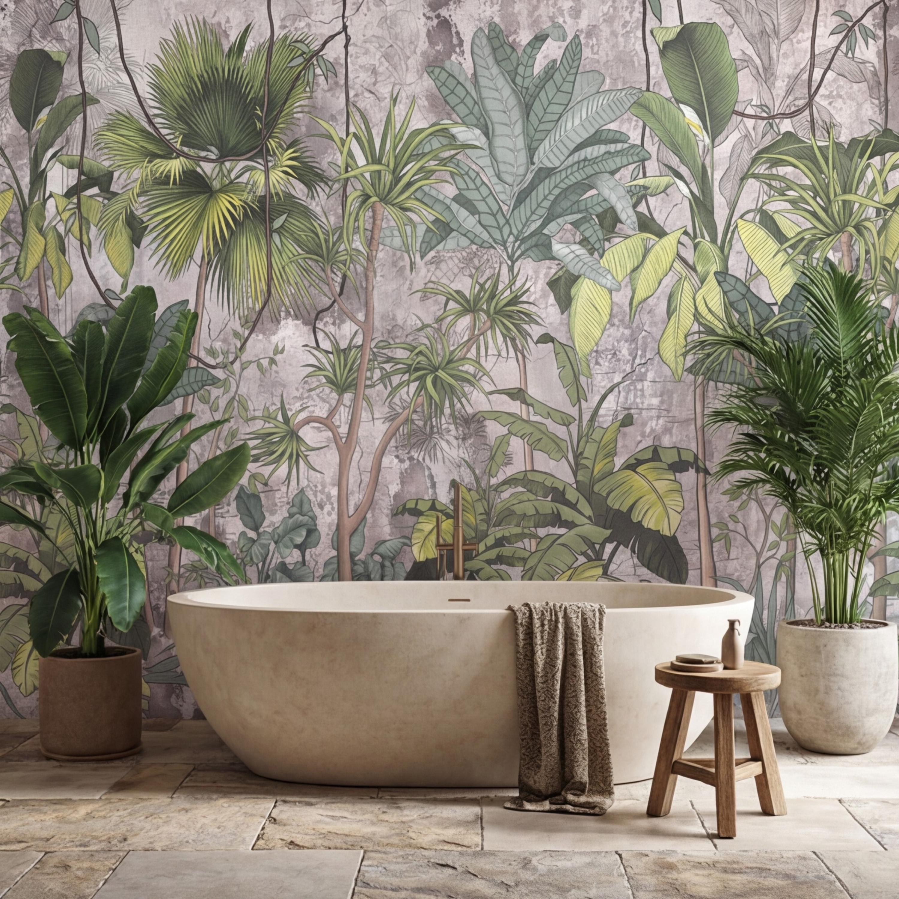 Tropical Jungle Peel and Stick Wall Mural, Sage Green Palm & Banana Leaves, Neutral Textured Plaster Background, Modern Organic Wallpaper