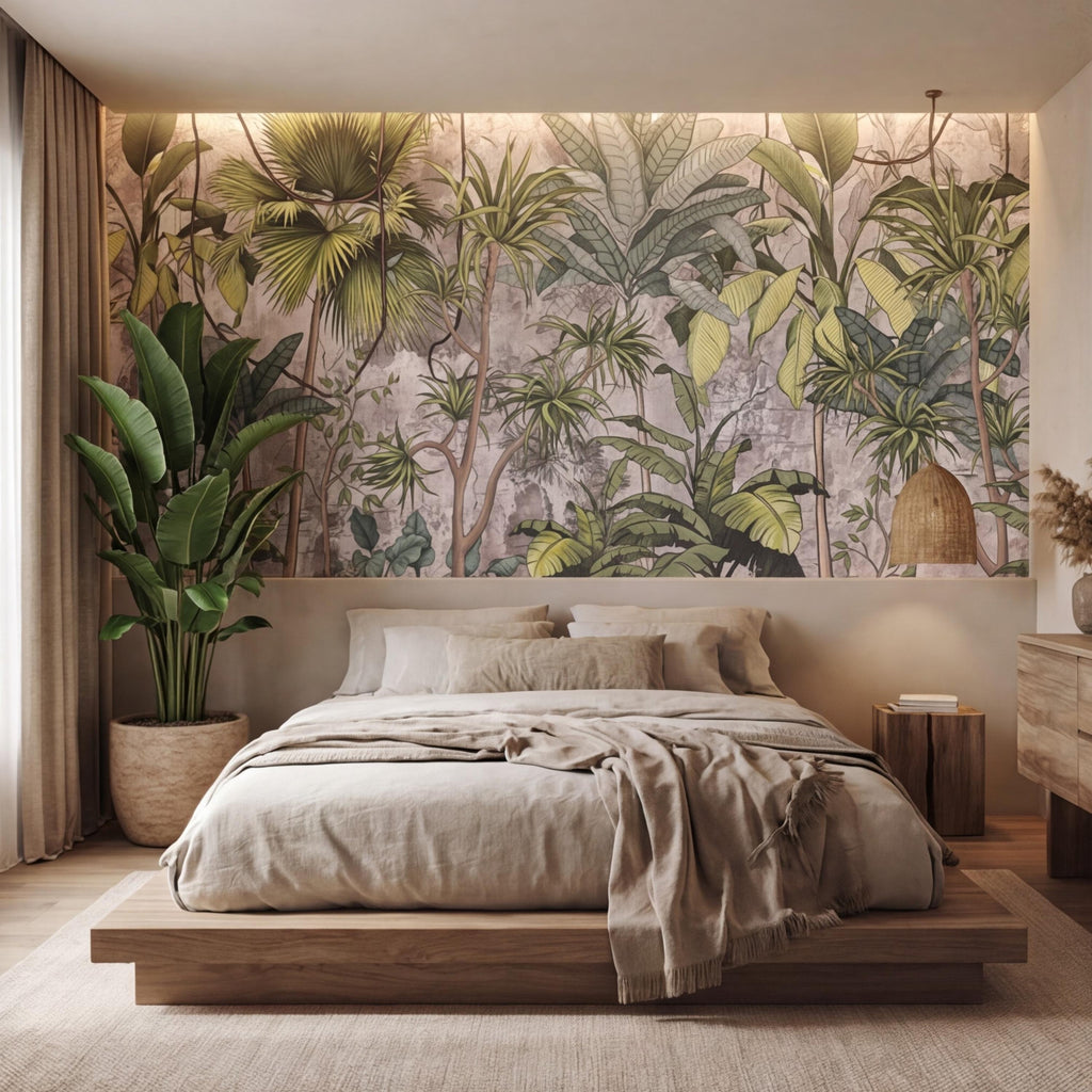 Tropical Jungle Peel and Stick Wall Mural, Sage Green Palm & Banana Leaves, Neutral Textured Plaster Background, Modern Organic Wallpaper