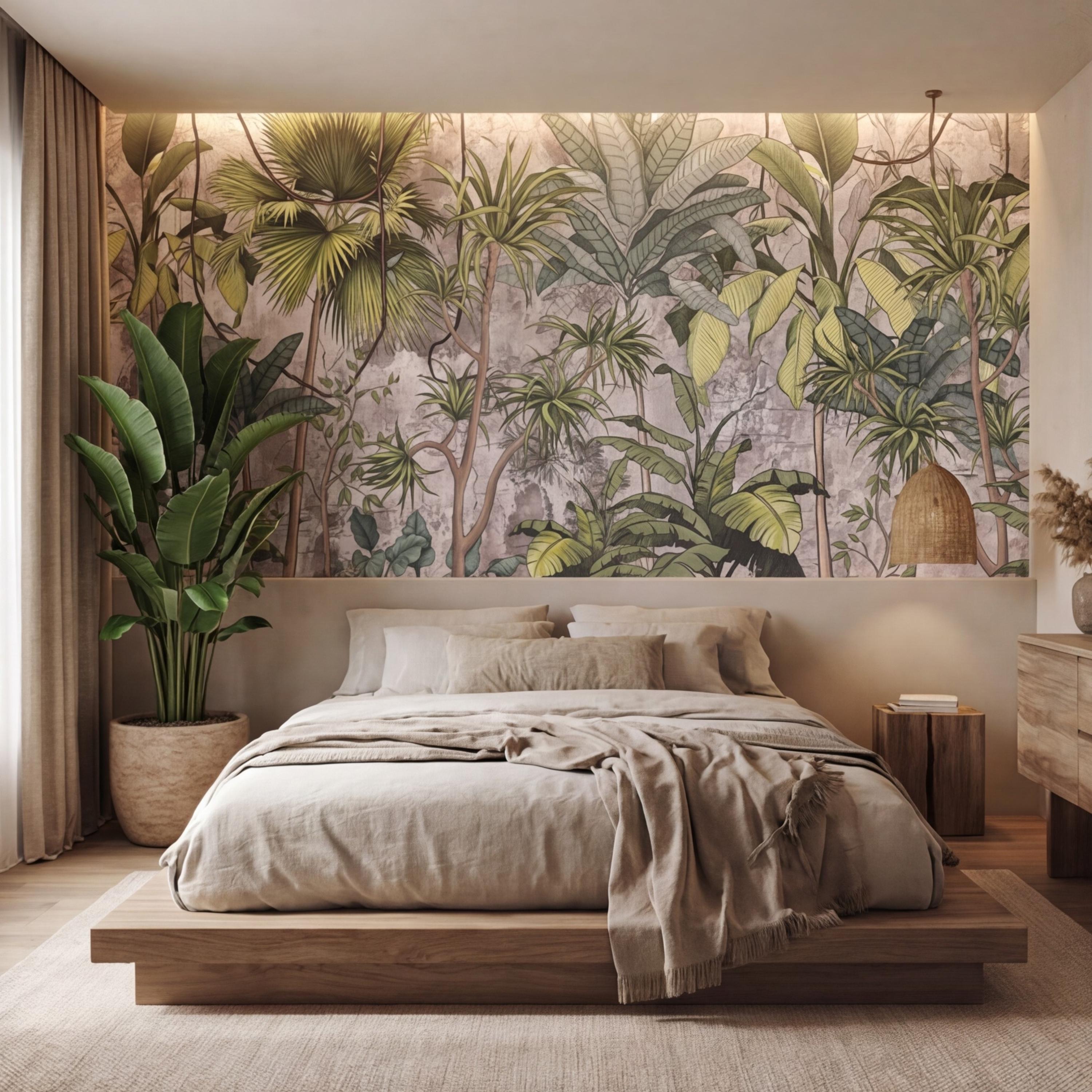 Tropical Jungle Peel and Stick Wall Mural, Sage Green Palm & Banana Leaves, Neutral Textured Plaster Background, Modern Organic Wallpaper