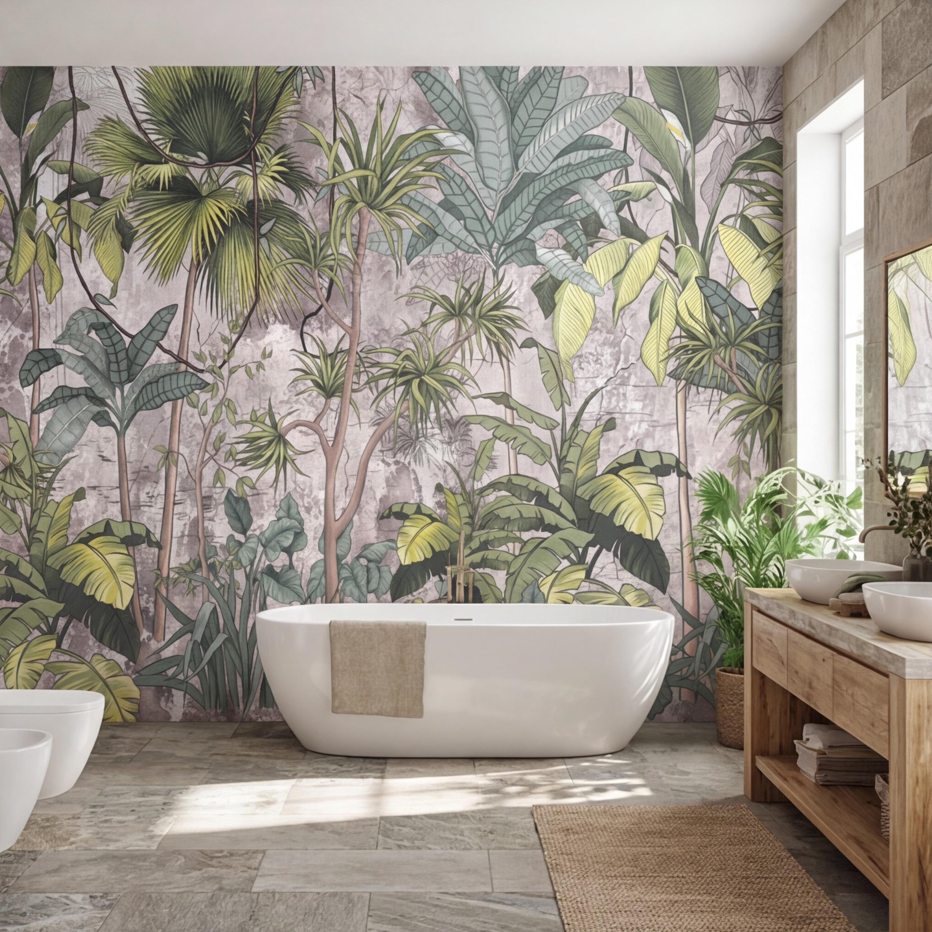 Tropical Jungle Peel and Stick Wall Mural, Sage Green Palm & Banana Leaves, Neutral Textured Plaster Background, Modern Organic Wallpaper