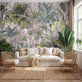 Tropical Jungle Peel and Stick Wall Mural, Sage Green Palm & Banana Leaves, Neutral Textured Plaster Background, Modern Organic Wallpaper