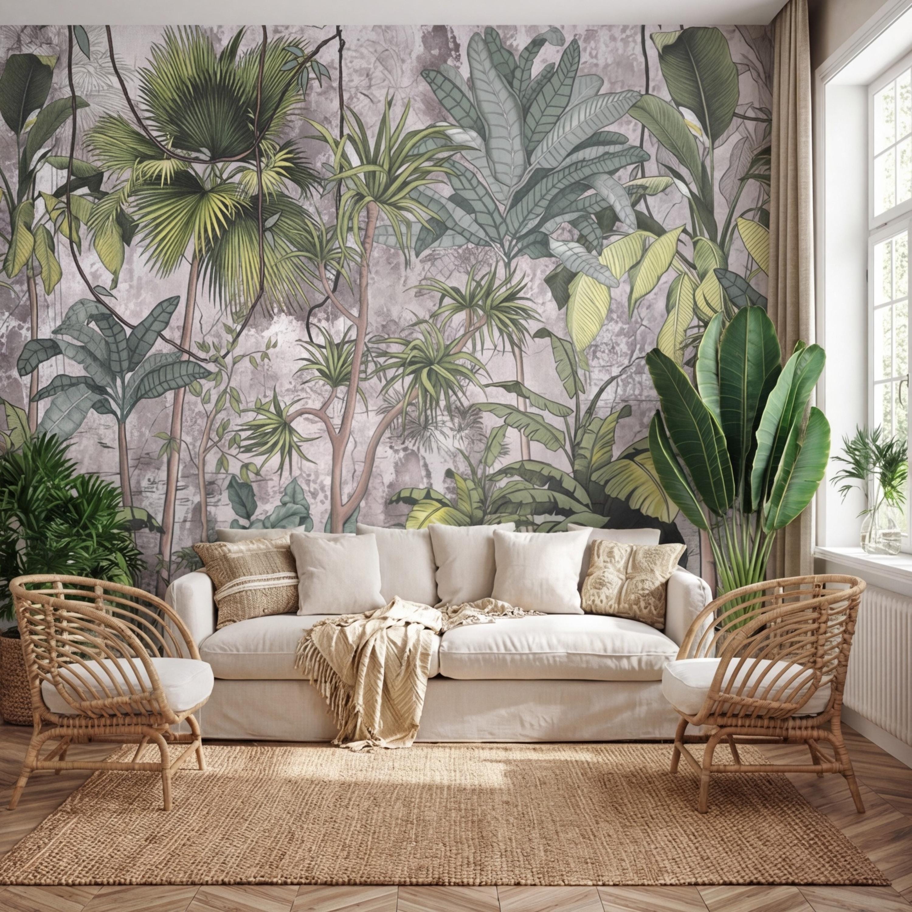 Tropical Jungle Peel and Stick Wall Mural, Sage Green Palm & Banana Leaves, Neutral Textured Plaster Background, Modern Organic Wallpaper