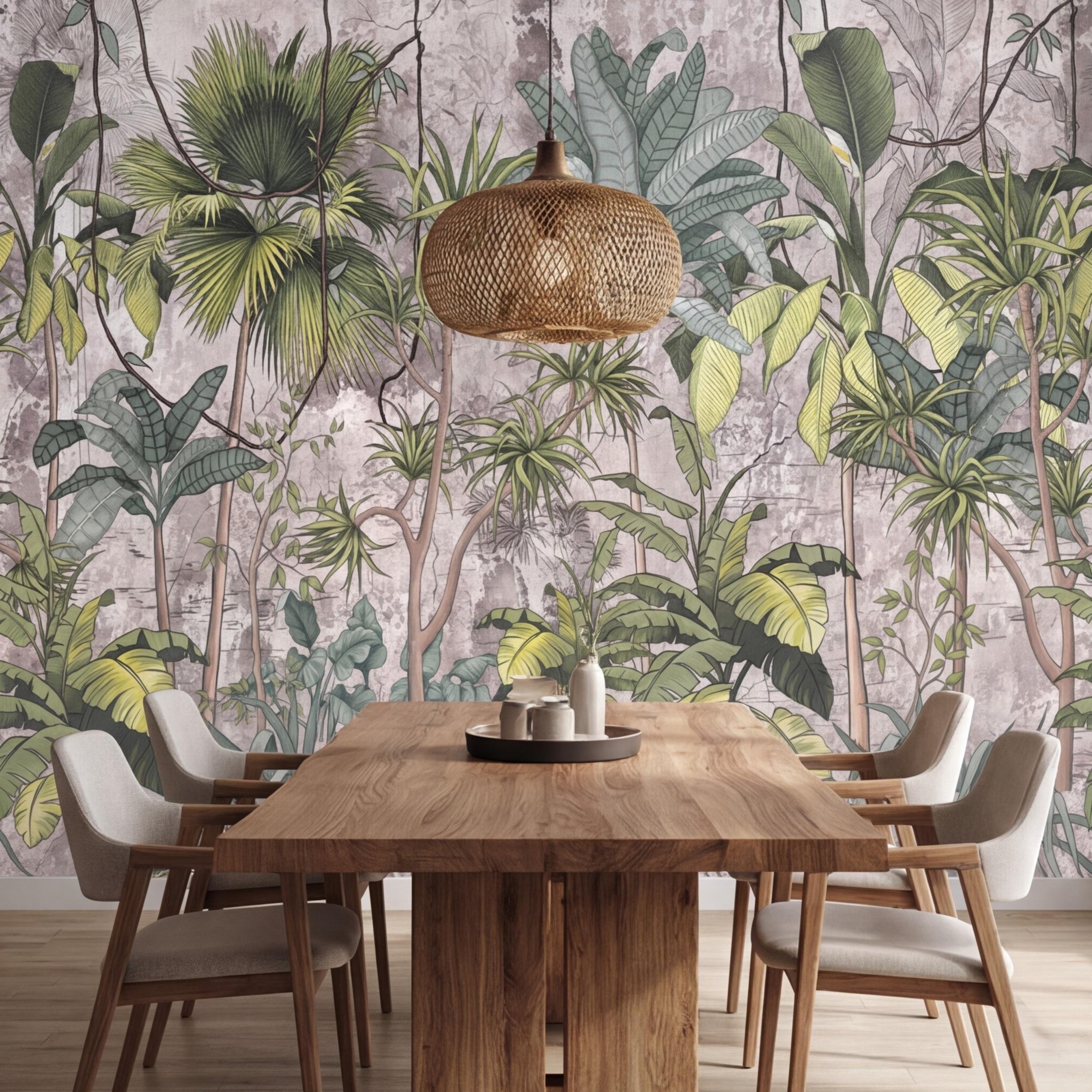 Tropical Jungle Peel and Stick Wall Mural, Sage Green Palm & Banana Leaves, Neutral Textured Plaster Background, Modern Organic Wallpaper