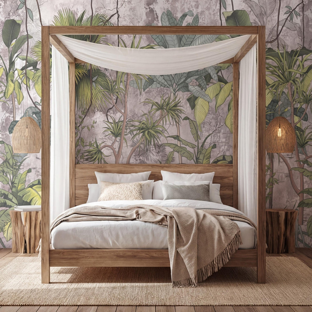 Tropical Jungle Peel and Stick Wall Mural, Sage Green Palm & Banana Leaves, Neutral Textured Plaster Background, Modern Organic Wallpaper