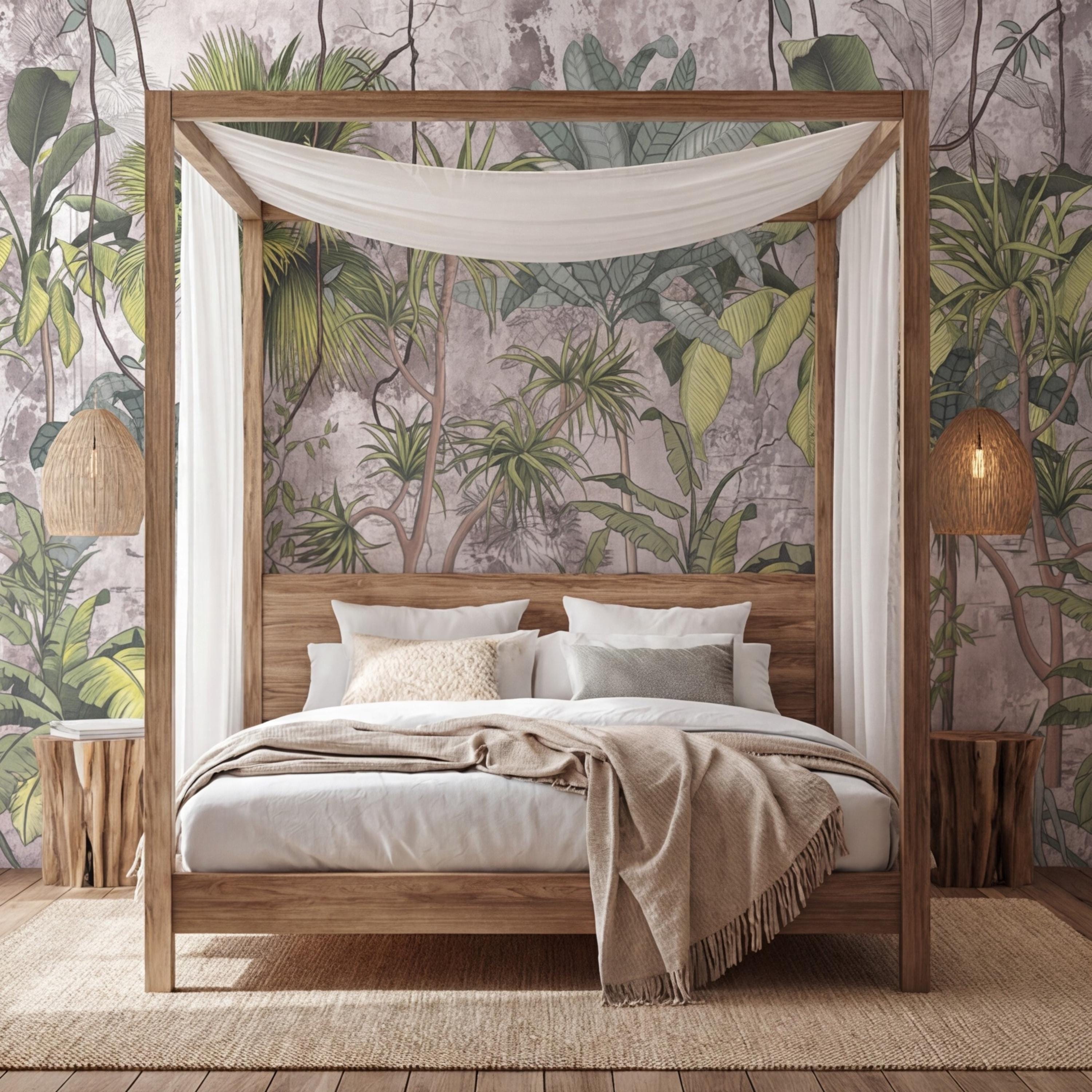 Tropical Jungle Peel and Stick Wall Mural, Sage Green Palm & Banana Leaves, Neutral Textured Plaster Background, Modern Organic Wallpaper