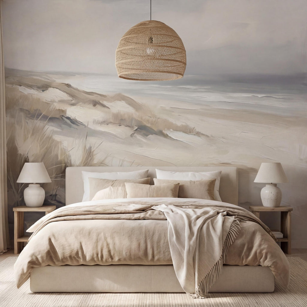 Neutral Coastal Sand Dunes Seascape Peel and Stick Wall Mural, Minimal Beige Gray Ocean Landscape, Modern Organic Wallpaper