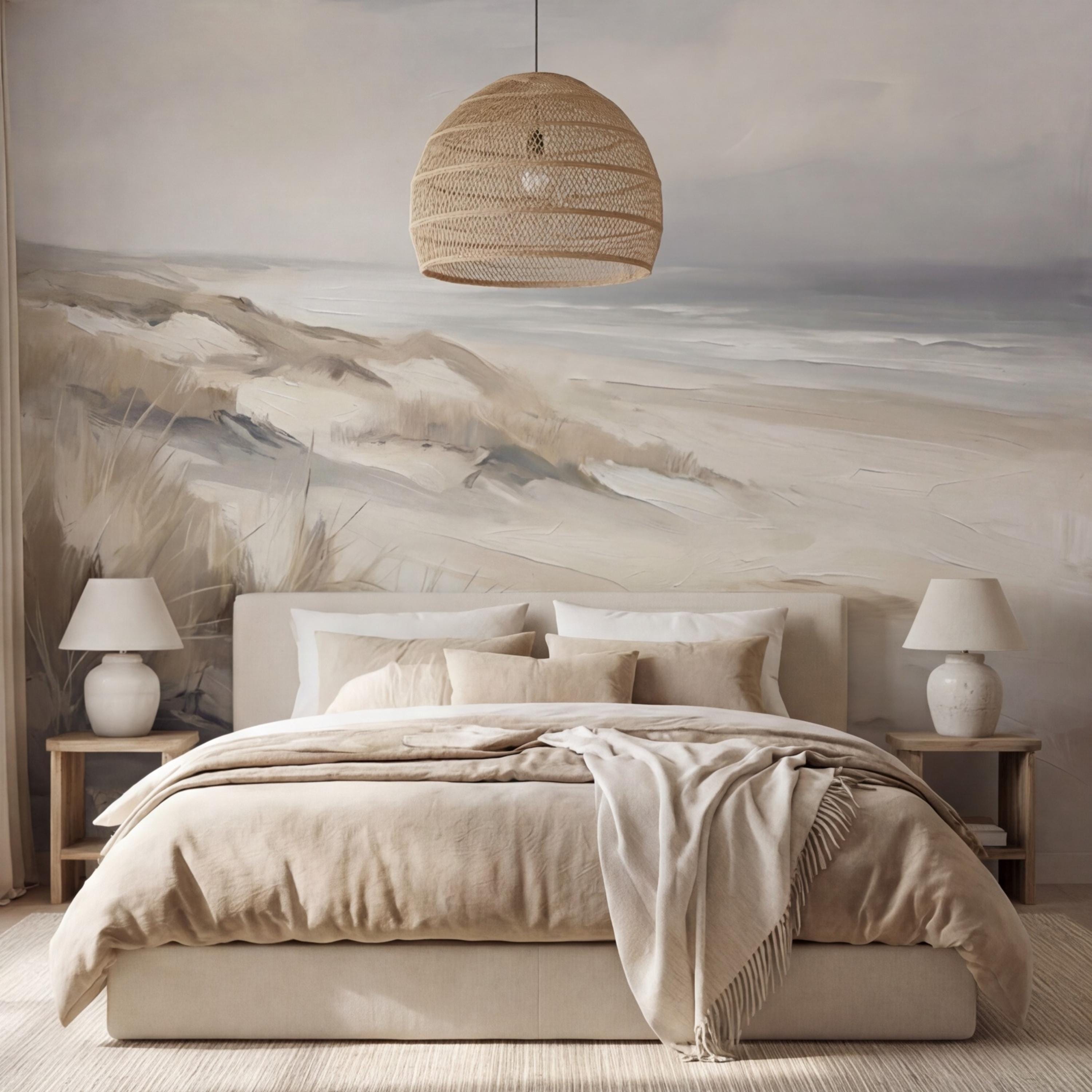 Neutral Coastal Sand Dunes Seascape Peel and Stick Wall Mural, Minimal Beige Gray Ocean Landscape, Modern Organic Wallpaper