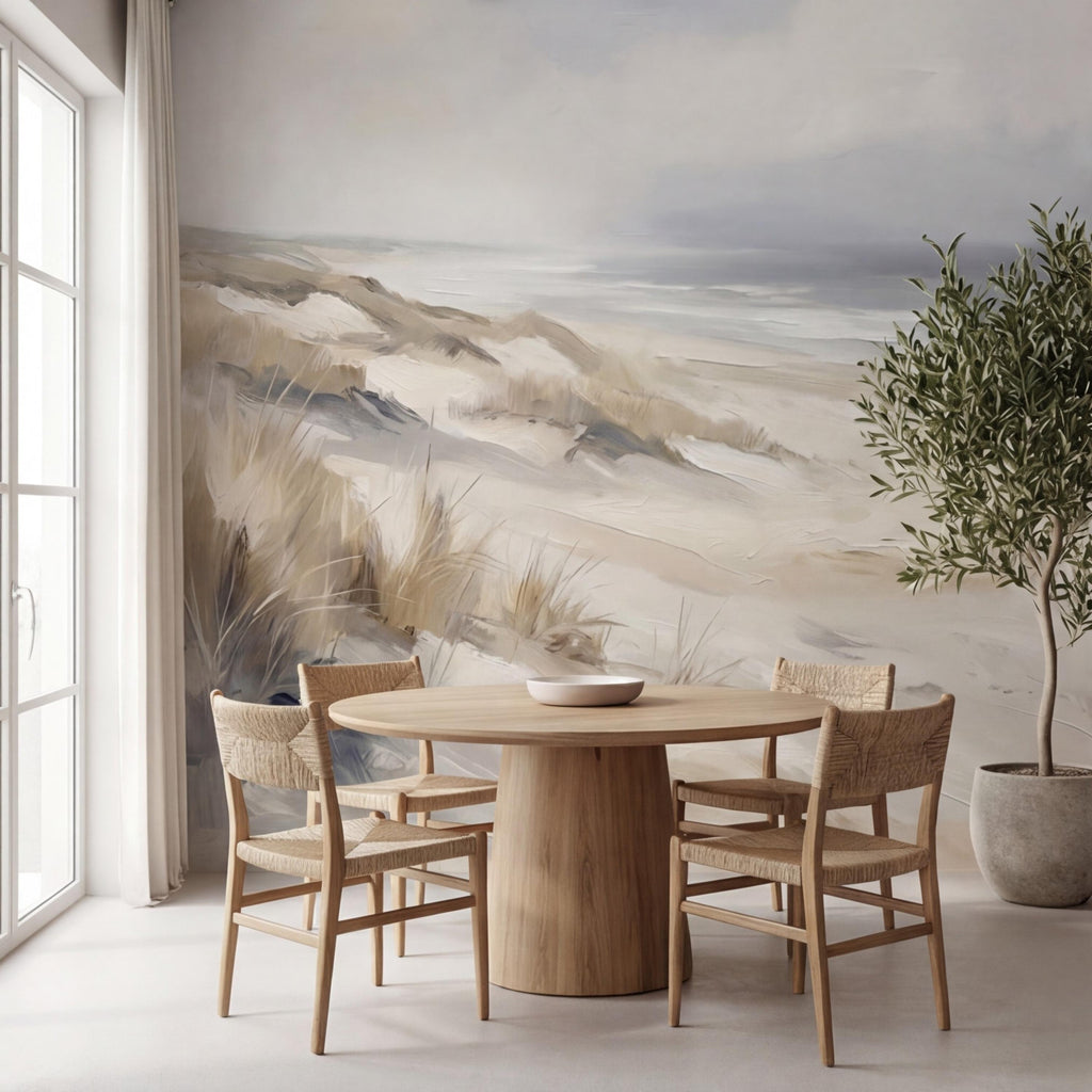 Neutral Coastal Sand Dunes Seascape Peel and Stick Wall Mural, Minimal Beige Gray Ocean Landscape, Modern Organic Wallpaper
