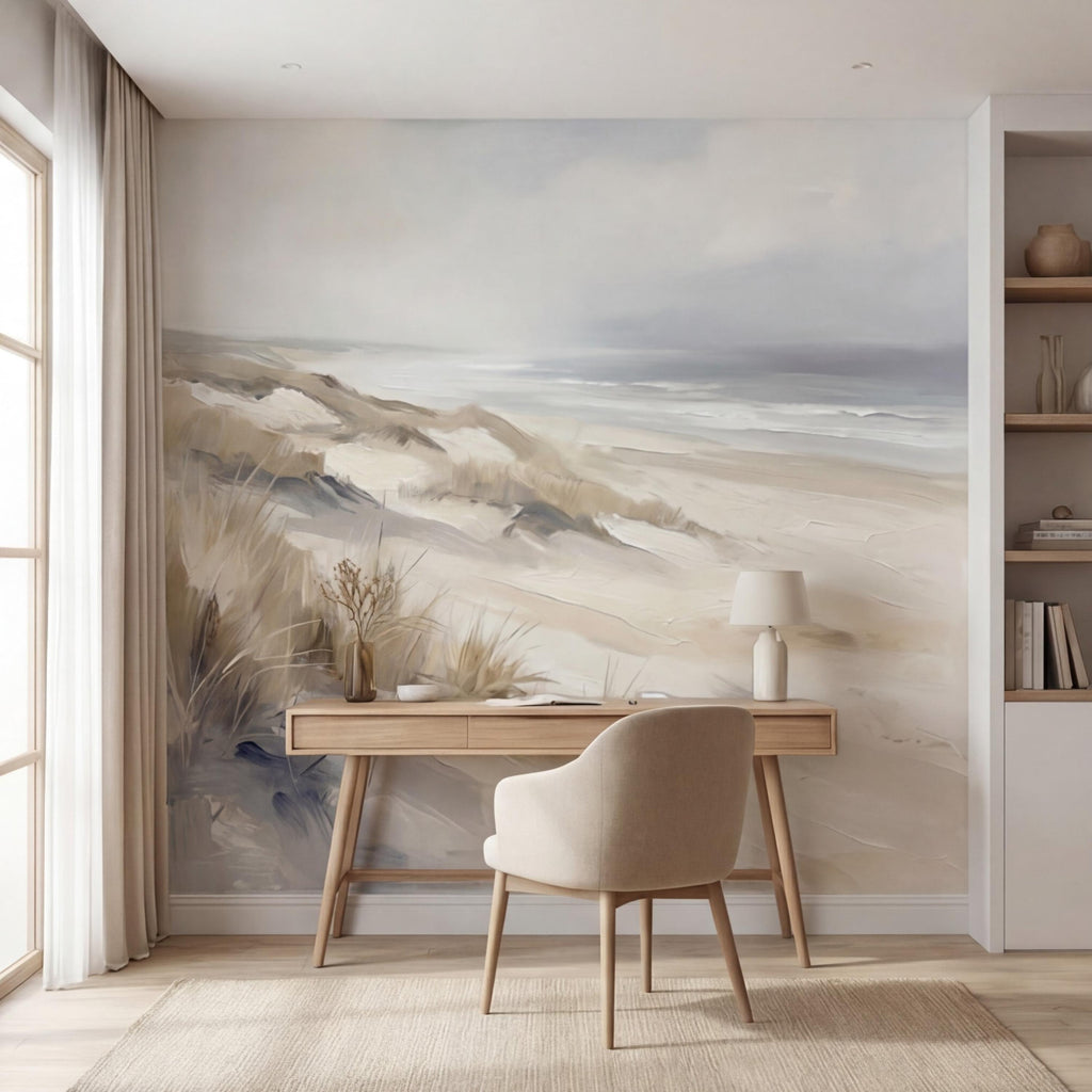 Neutral Coastal Sand Dunes Seascape Peel and Stick Wall Mural, Minimal Beige Gray Ocean Landscape, Modern Organic Wallpaper