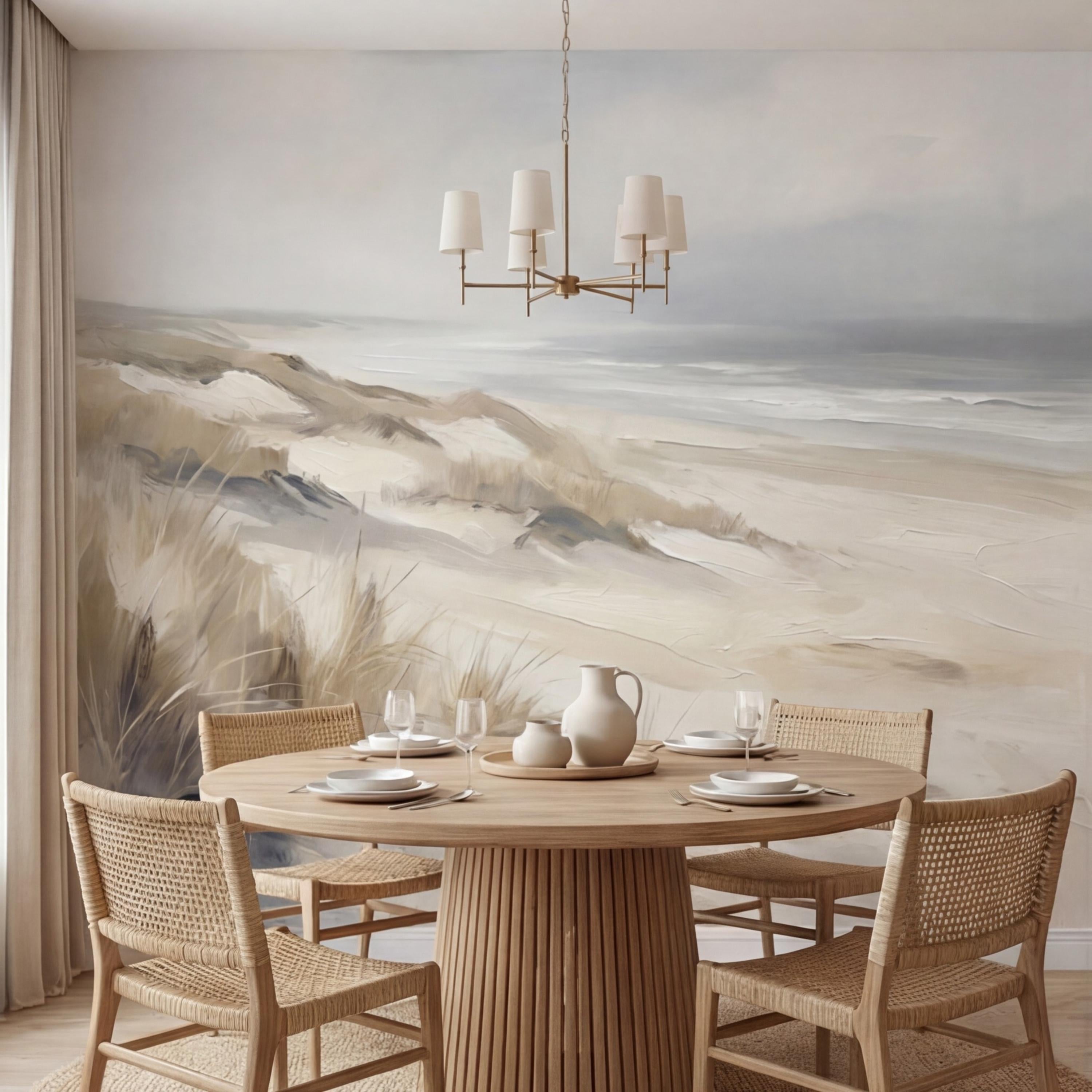 Neutral Coastal Sand Dunes Seascape Peel and Stick Wall Mural, Minimal Beige Gray Ocean Landscape, Modern Organic Wallpaper