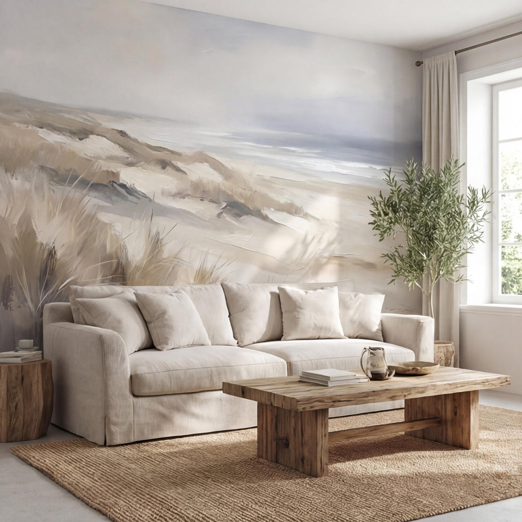 Neutral Coastal Sand Dunes Seascape Peel and Stick Wall Mural, Minimal Beige Gray Ocean Landscape, Modern Organic Wallpaper