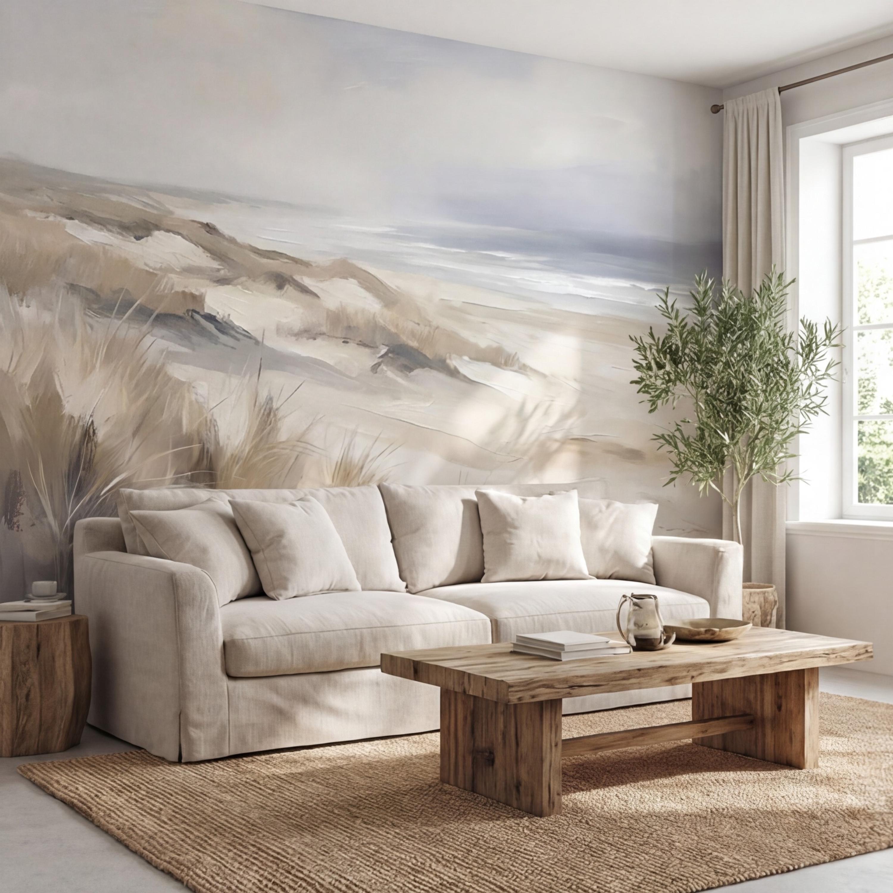 Neutral Coastal Sand Dunes Seascape Peel and Stick Wall Mural, Minimal Beige Gray Ocean Landscape, Modern Organic Wallpaper