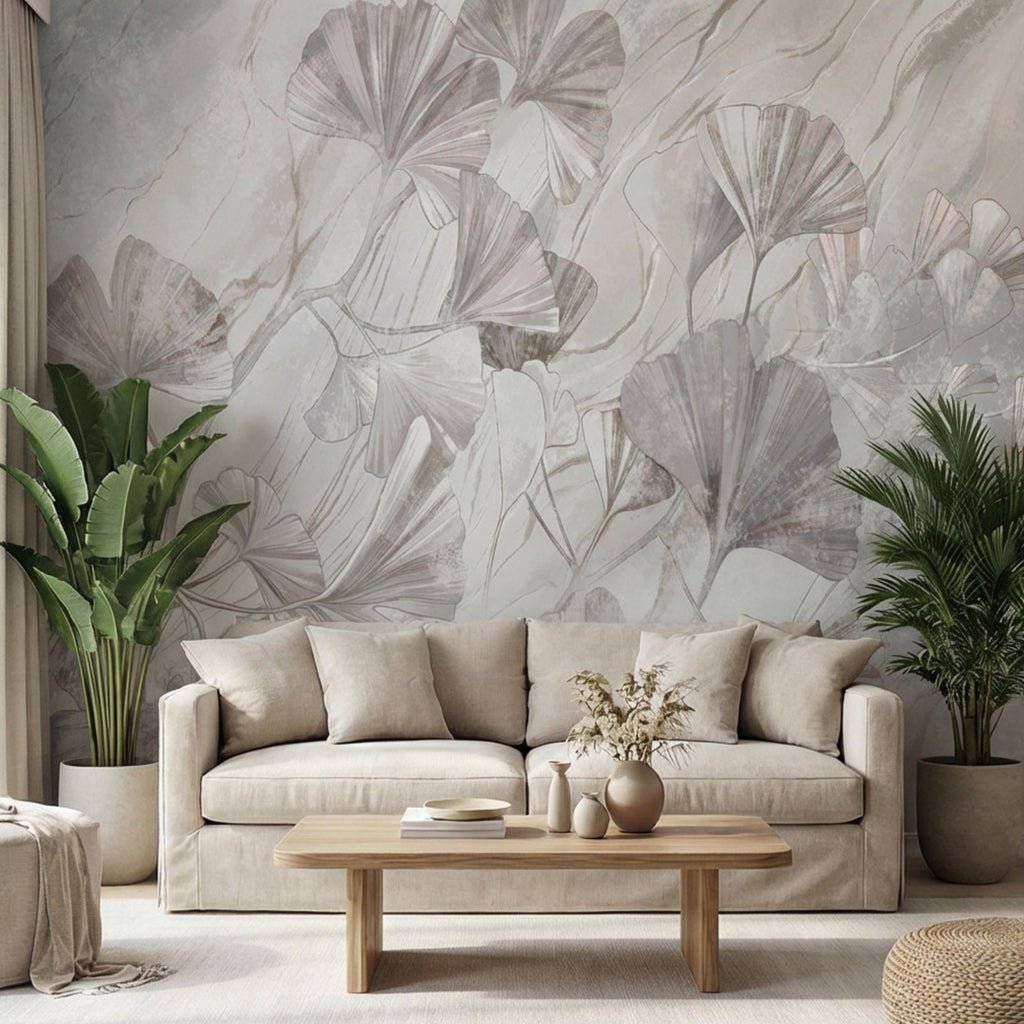 Modern Organic Neutral Ginkgo Leaves on Beige Marble Peel and Stick Wall Mural, Minimal Botanical Wallpaper