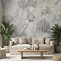 Modern Organic Neutral Ginkgo Leaves on Beige Marble Peel and Stick Wall Mural, Minimal Botanical Wallpaper