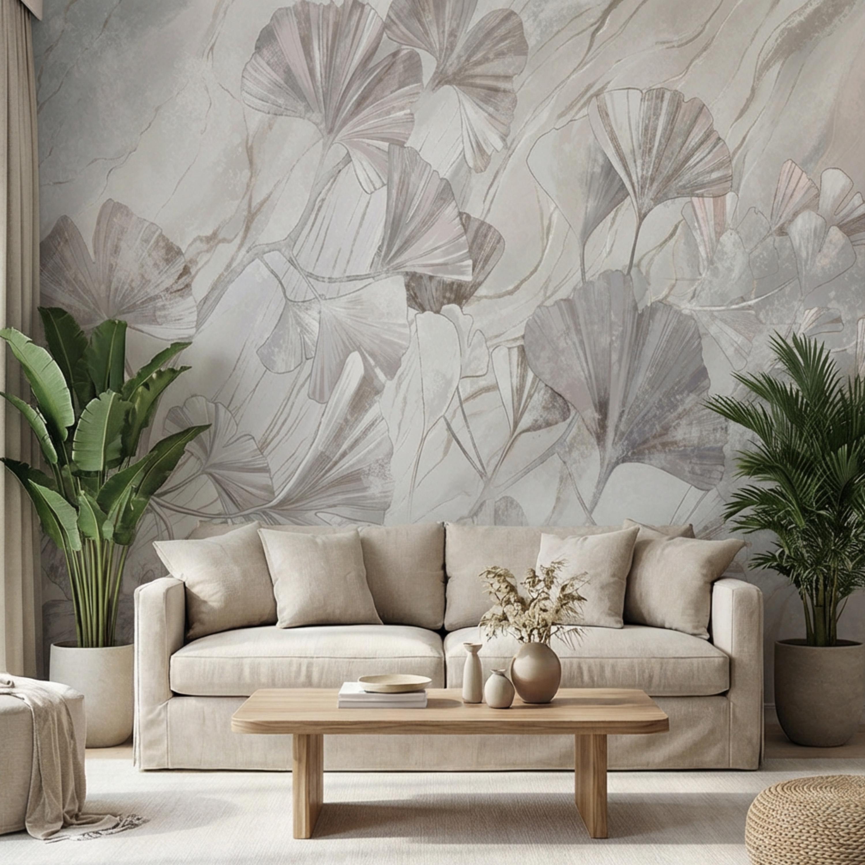 Modern Organic Neutral Ginkgo Leaves on Beige Marble Peel and Stick Wall Mural, Minimal Botanical Wallpaper