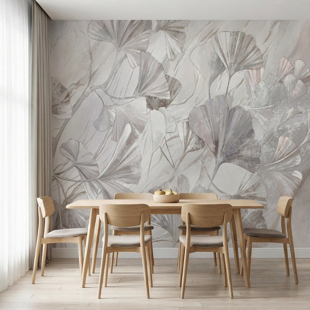 Modern Organic Neutral Ginkgo Leaves on Beige Marble Peel and Stick Wall Mural, Minimal Botanical Wallpaper