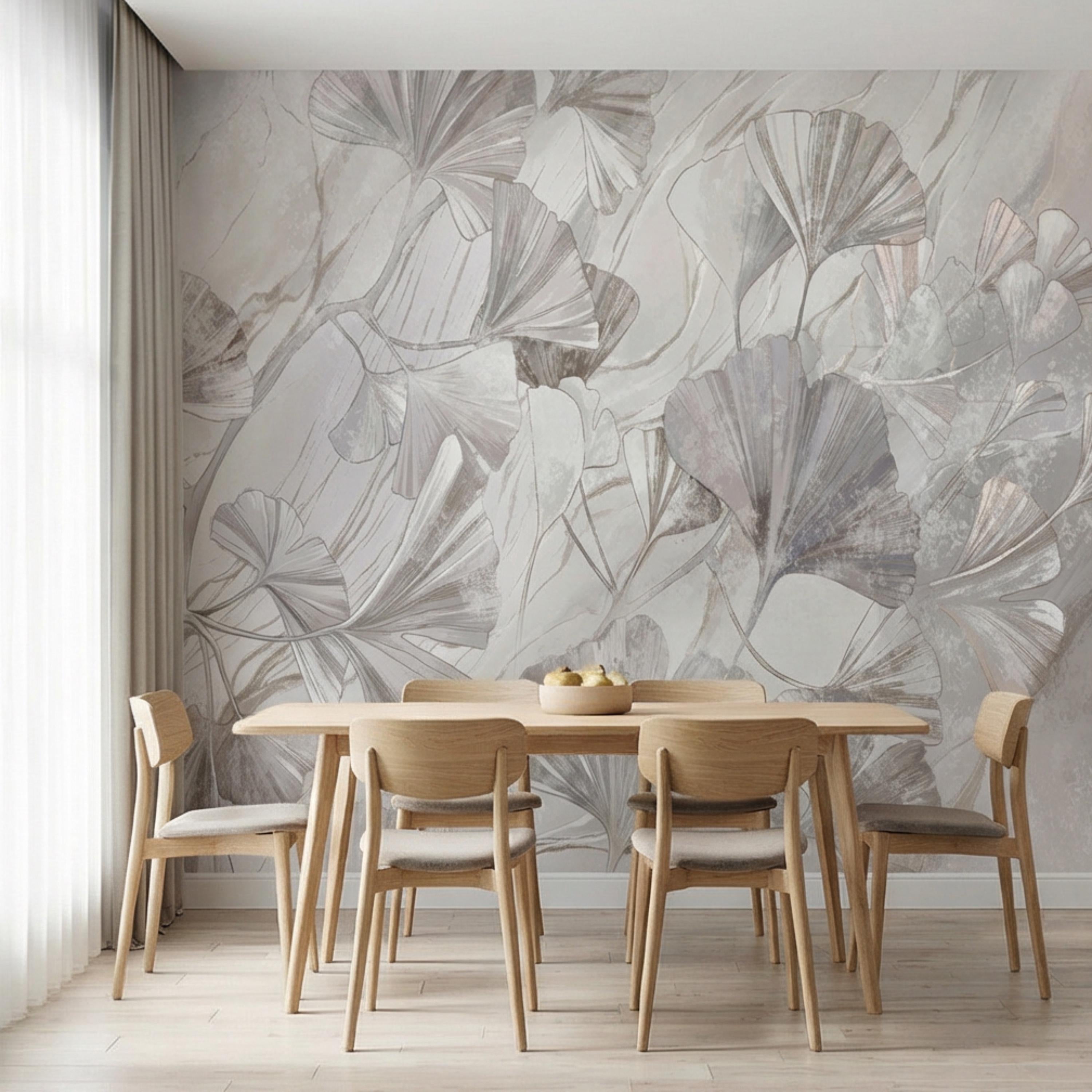 Modern Organic Neutral Ginkgo Leaves on Beige Marble Peel and Stick Wall Mural, Minimal Botanical Wallpaper