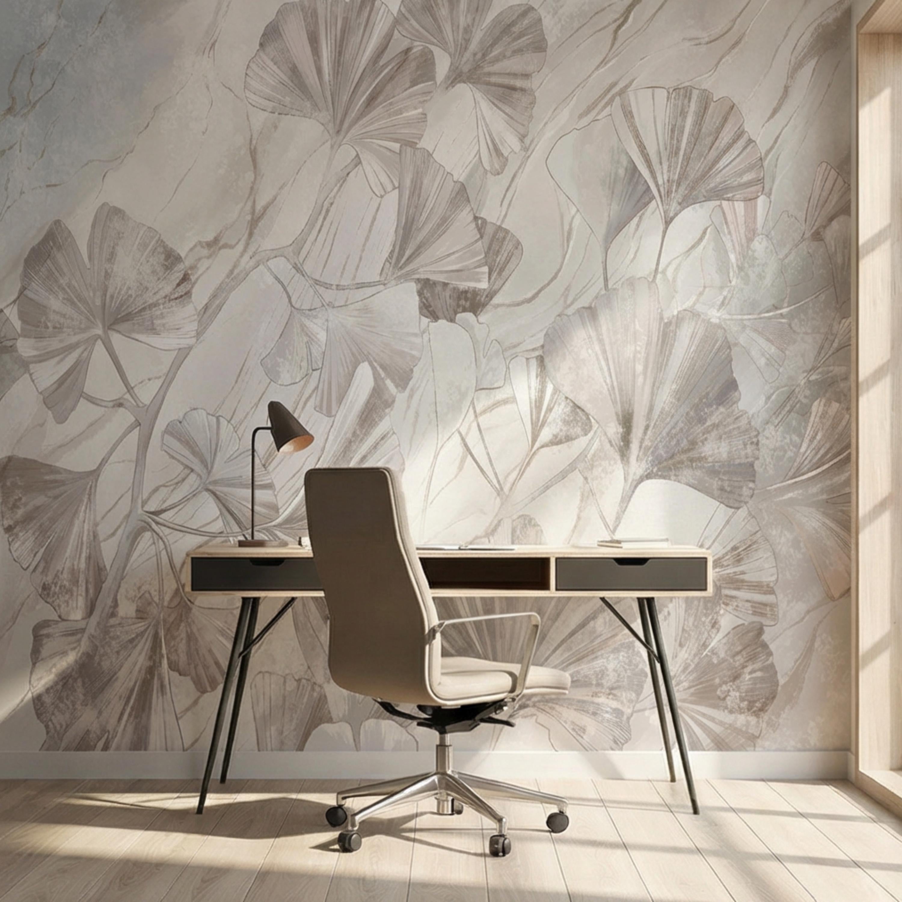 Modern Organic Neutral Ginkgo Leaves on Beige Marble Peel and Stick Wall Mural, Minimal Botanical Wallpaper
