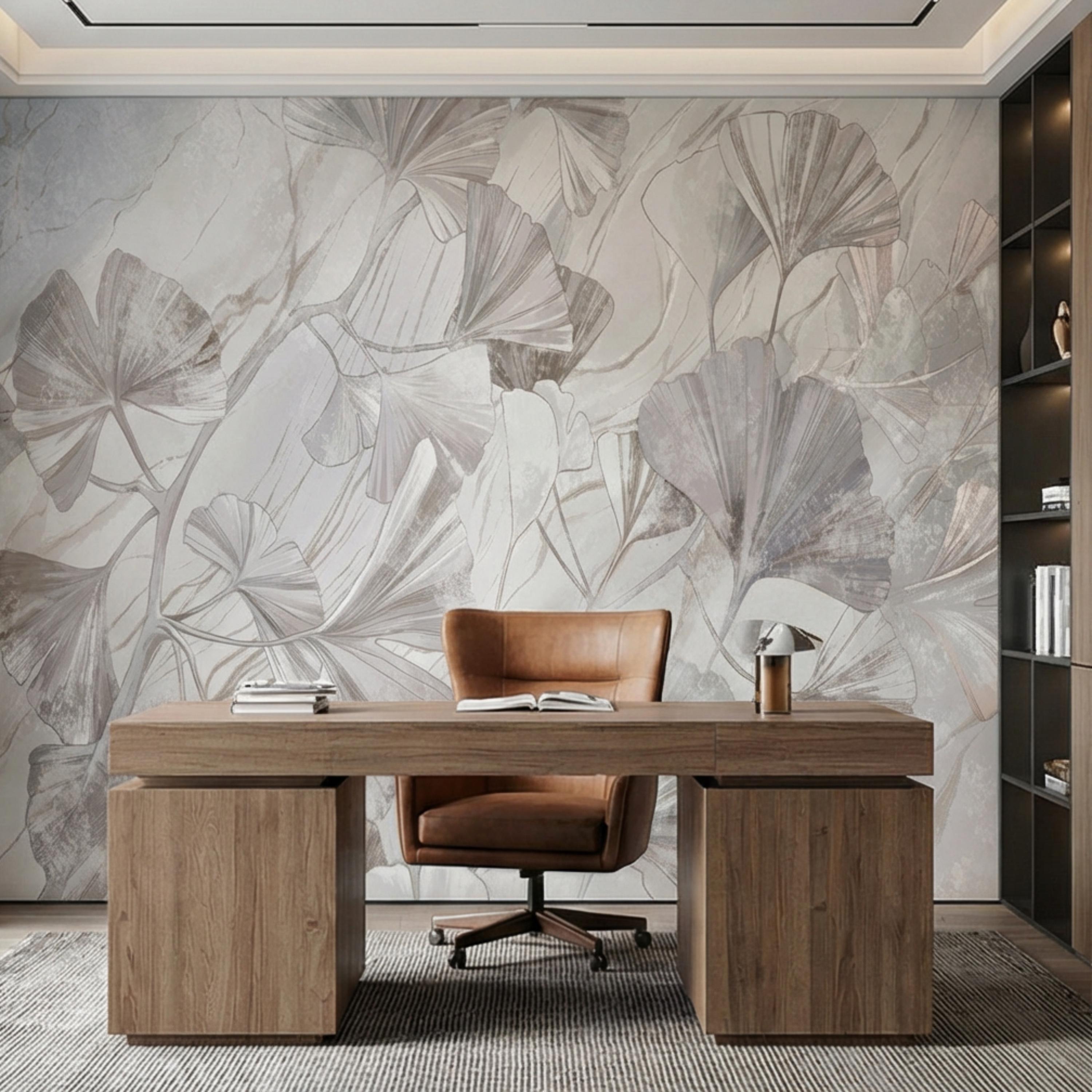 Modern Organic Neutral Ginkgo Leaves on Beige Marble Peel and Stick Wall Mural, Minimal Botanical Wallpaper