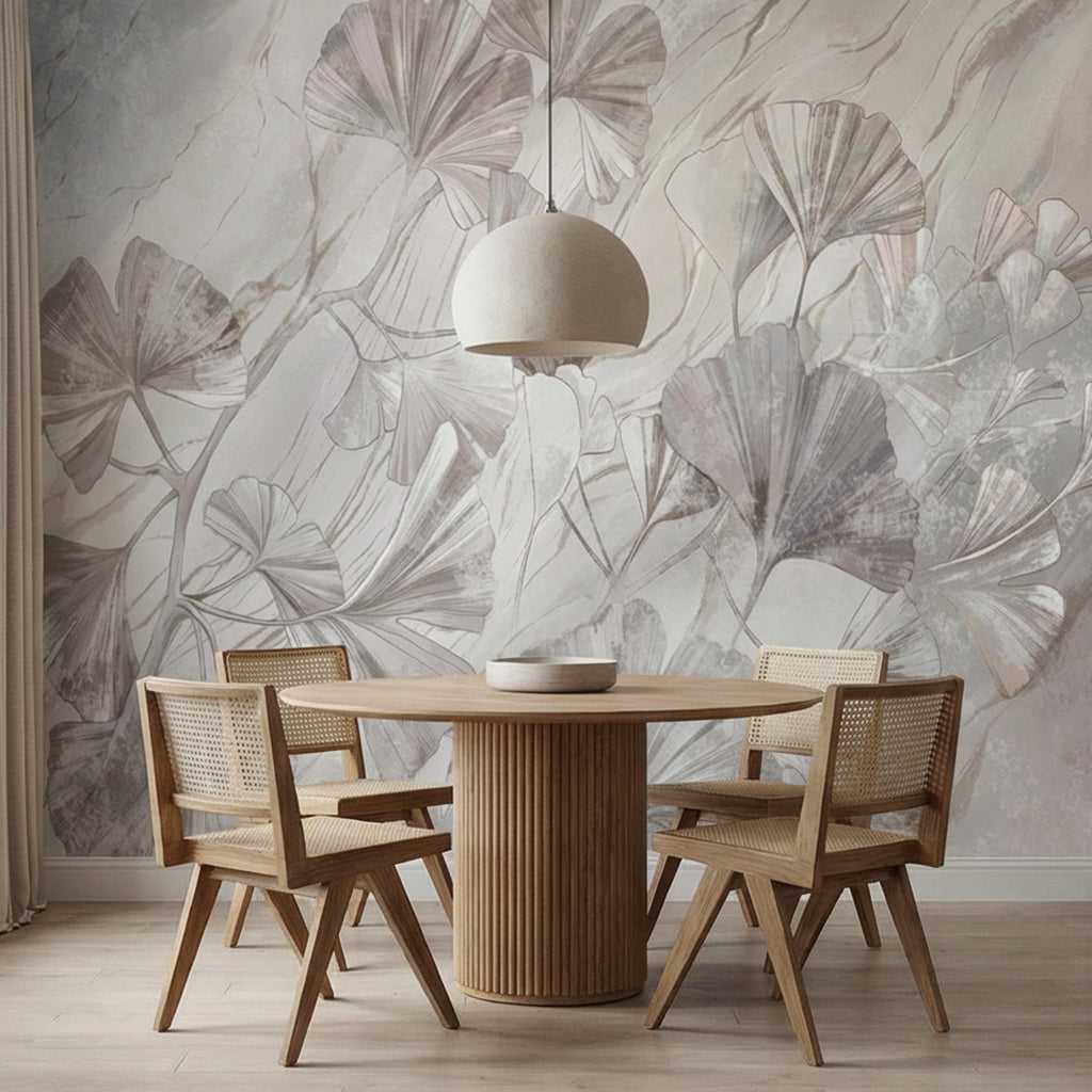 Modern Organic Neutral Ginkgo Leaves on Beige Marble Peel and Stick Wall Mural, Minimal Botanical Wallpaper