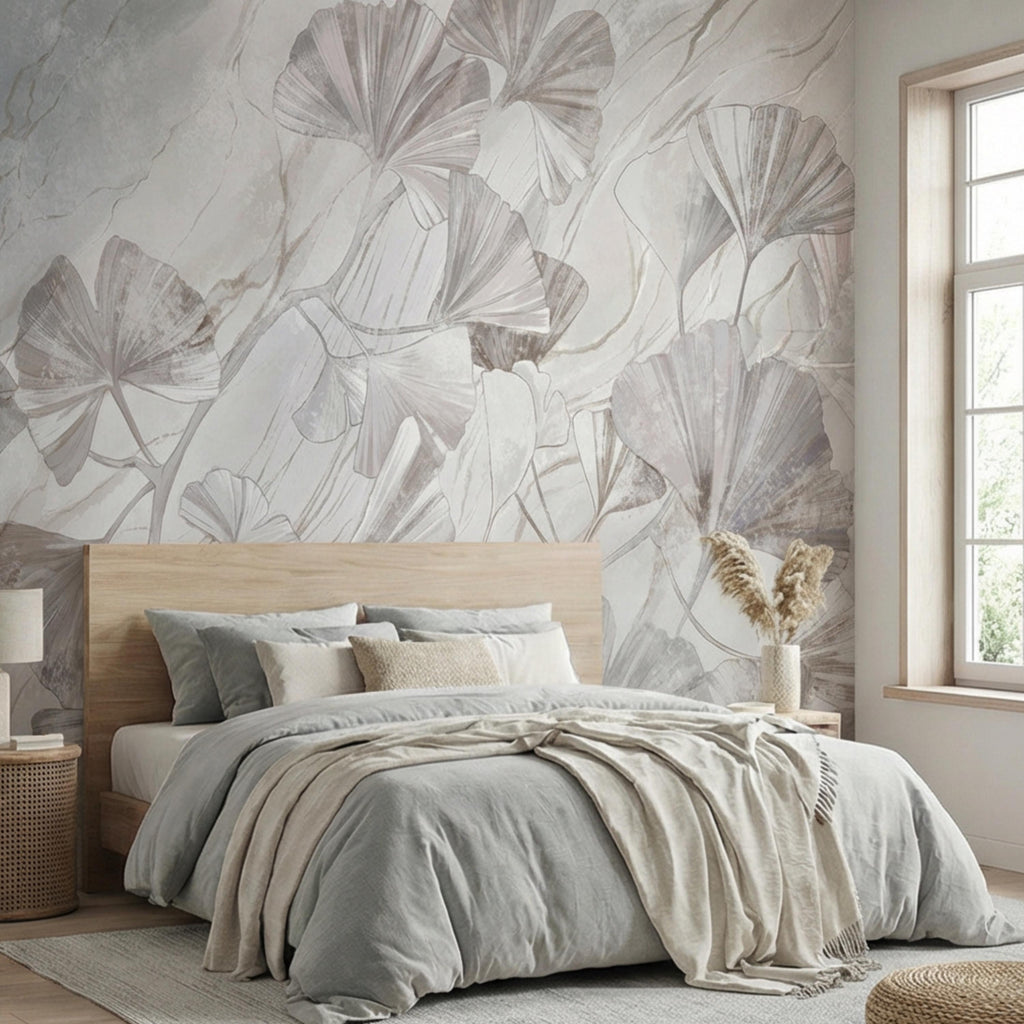 Modern Organic Neutral Ginkgo Leaves on Beige Marble Peel and Stick Wall Mural, Minimal Botanical Wallpaper