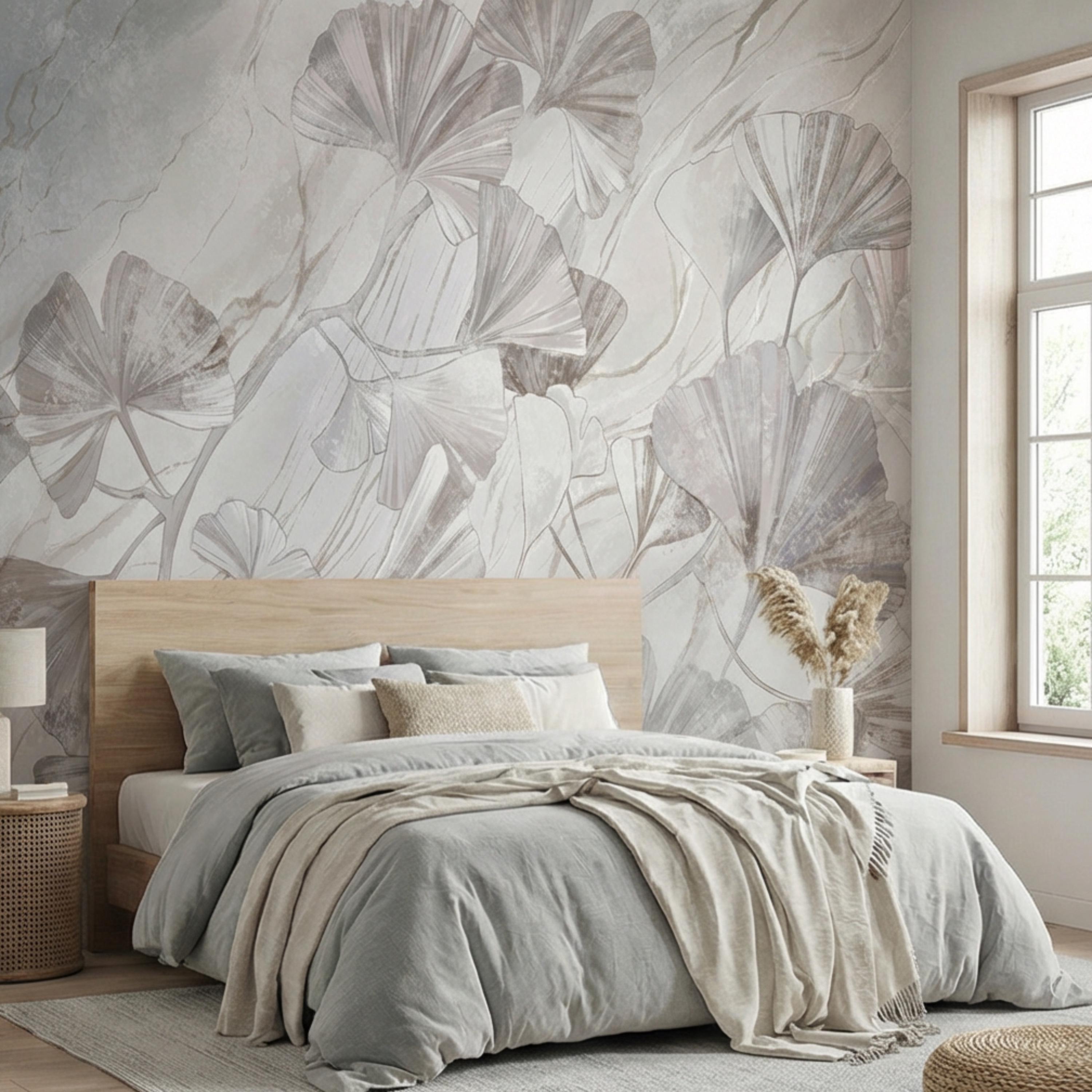 Modern Organic Neutral Ginkgo Leaves on Beige Marble Peel and Stick Wall Mural, Minimal Botanical Wallpaper