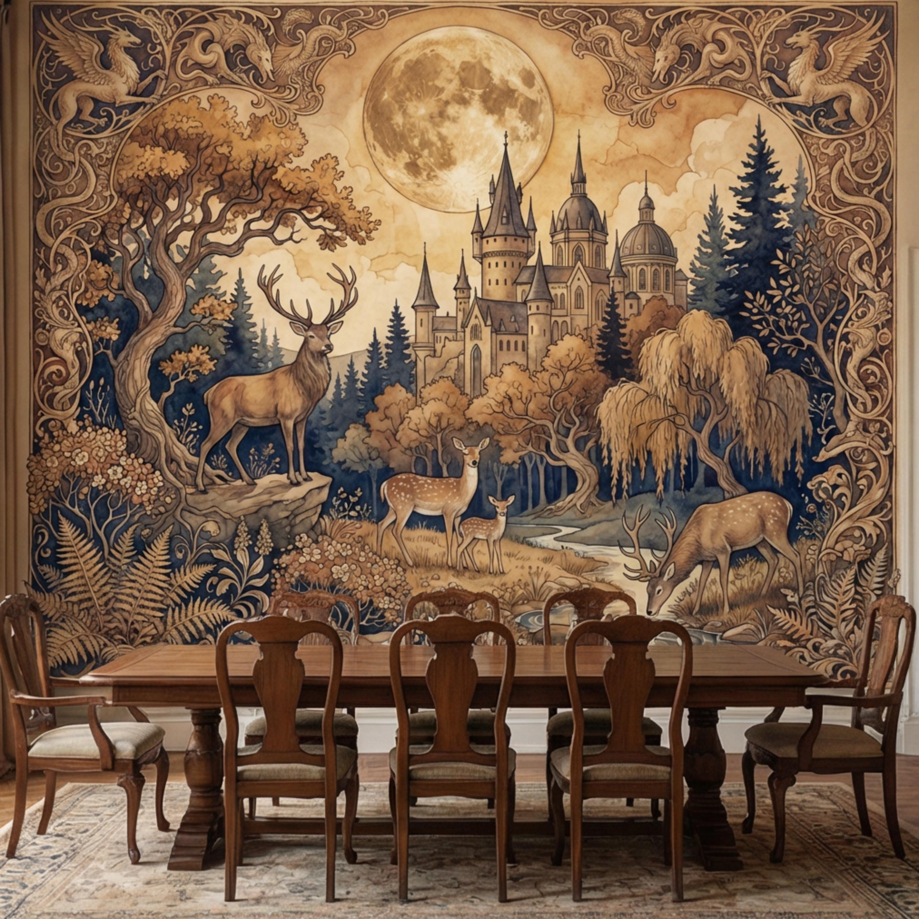 Moonlit Castle Forest Deer Woodland Fantasy Peel and Stick Wall Mural, Art Nouveau Tapestry Style Gothic Fairytale Wallpaper