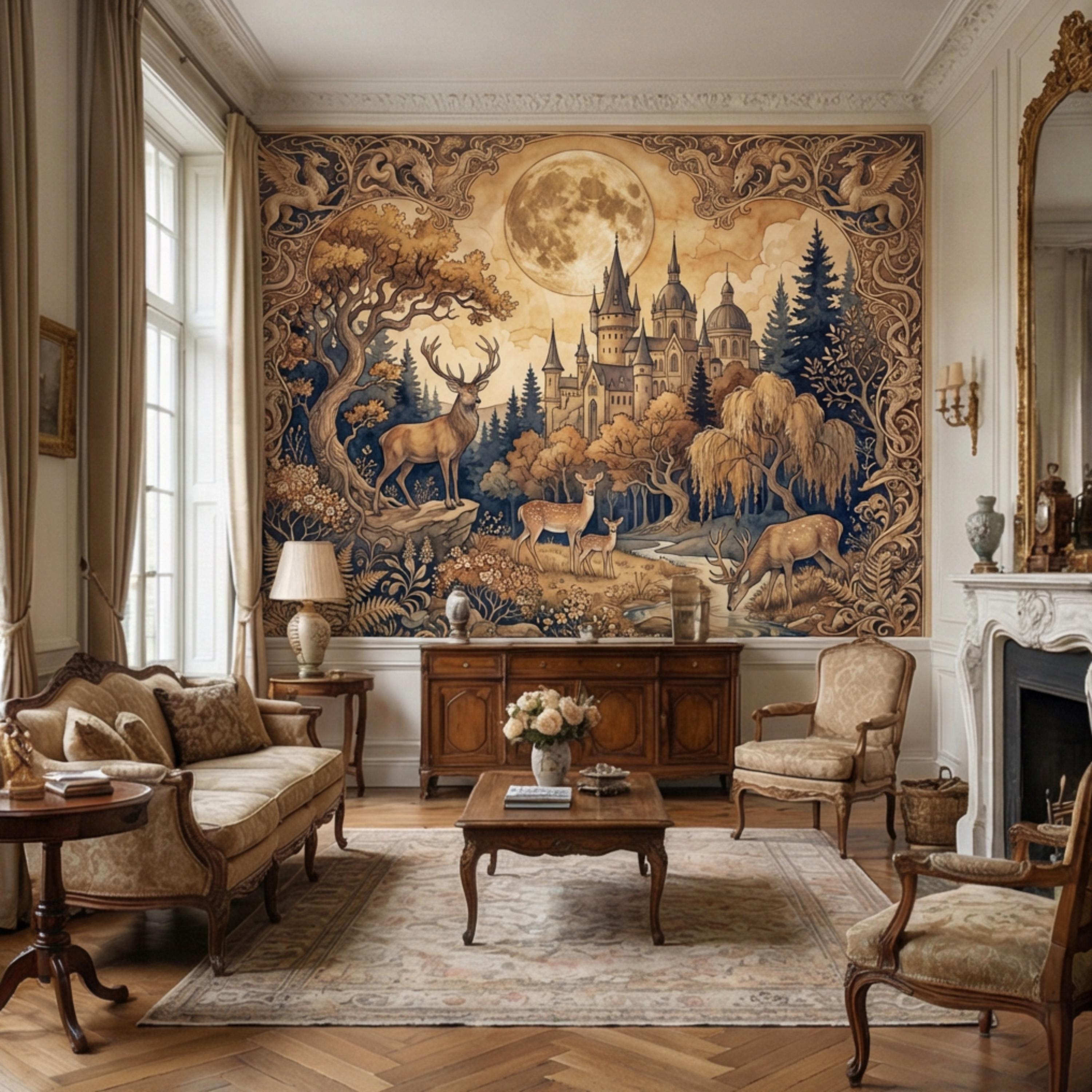 Moonlit Castle Forest Deer Woodland Fantasy Peel and Stick Wall Mural, Art Nouveau Tapestry Style Gothic Fairytale Wallpaper