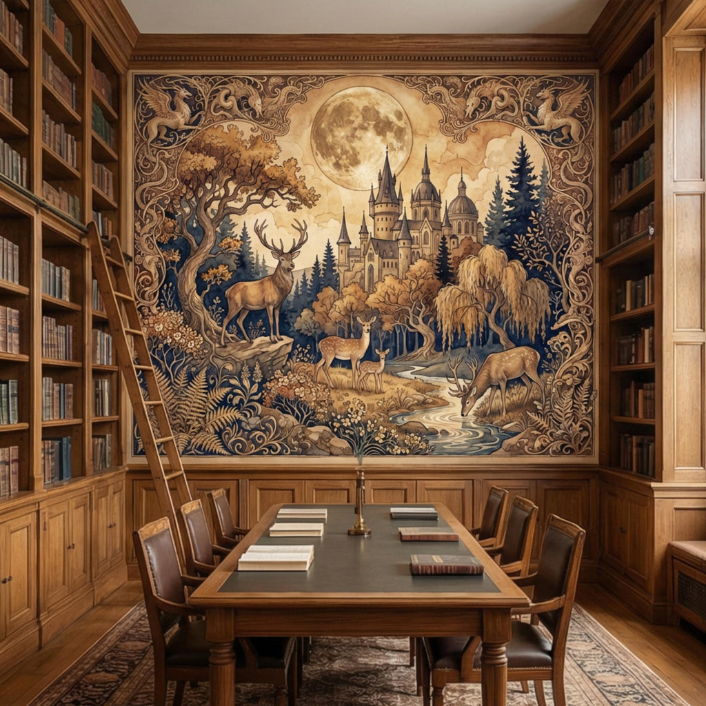 Moonlit Castle Forest Deer Woodland Fantasy Peel and Stick Wall Mural, Art Nouveau Tapestry Style Gothic Fairytale Wallpaper