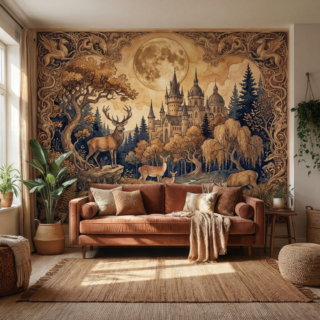 Moonlit Castle Forest Deer Woodland Fantasy Peel and Stick Wall Mural, Art Nouveau Tapestry Style Gothic Fairytale Wallpaper