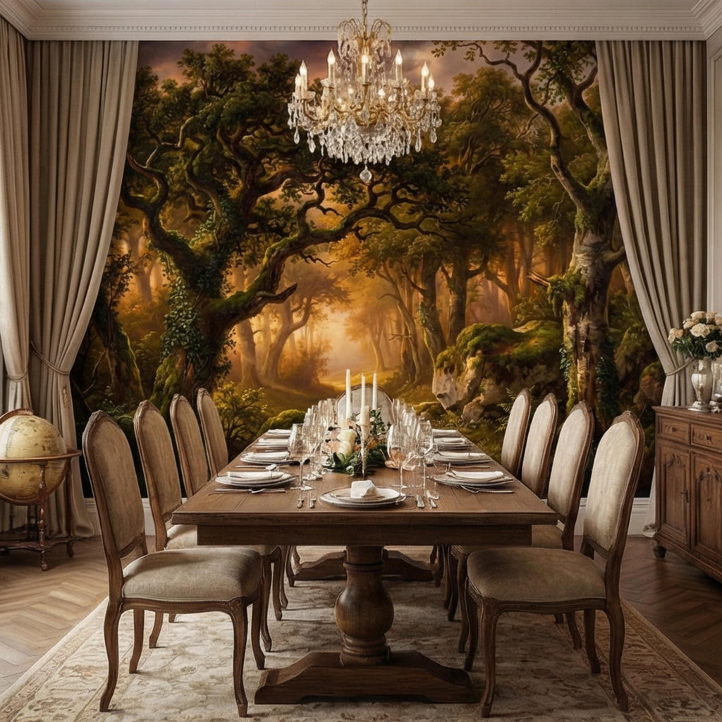 Enchanted Forest Path at Sunset Golden Woodland Landscape Peel and Stick Wall Mural, Moody Forest Wallpaper, Nature Wall Decor