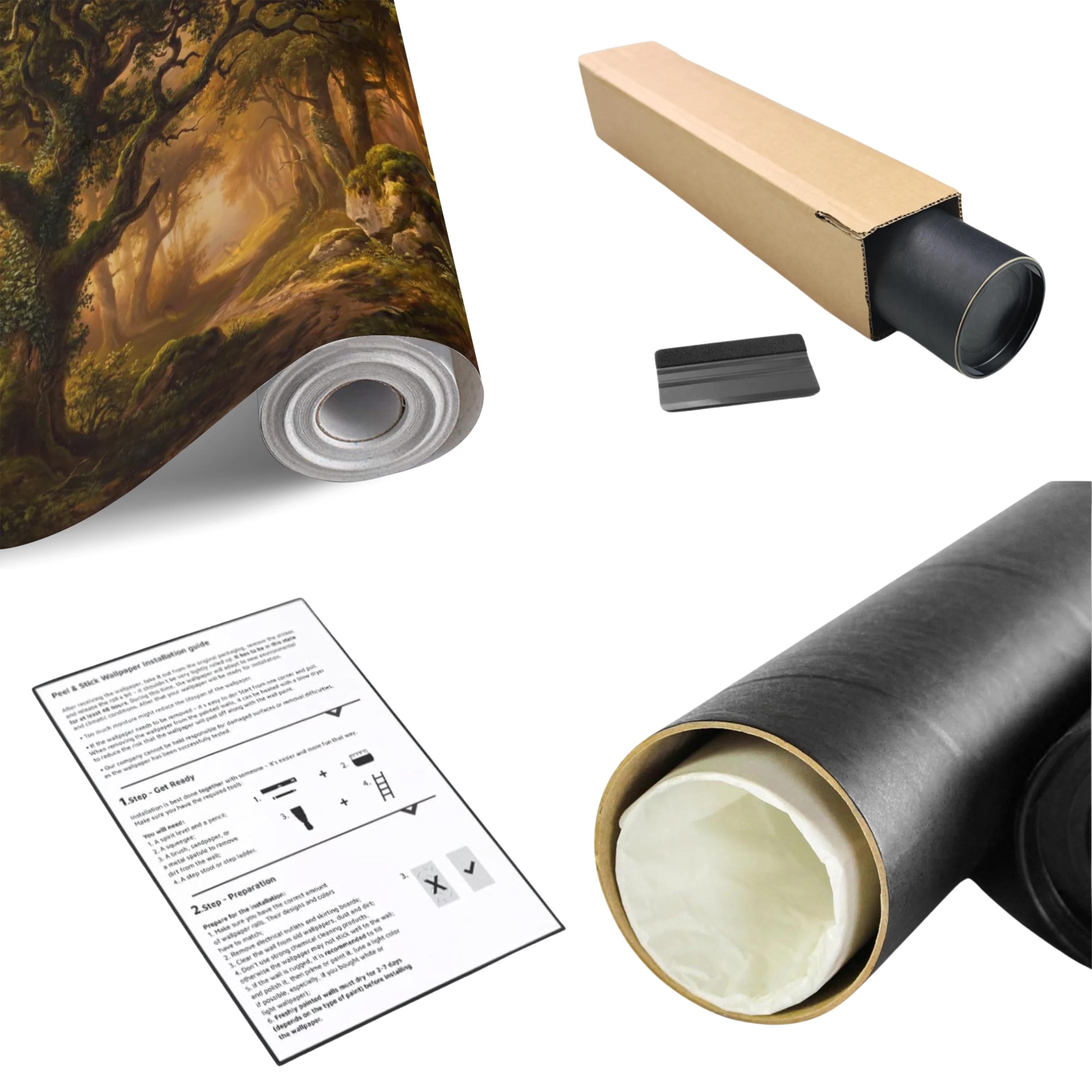 Enchanted Forest Path at Sunset Golden Woodland Landscape Peel and Stick Wall Mural, Moody Forest Wallpaper, Nature Wall Decor