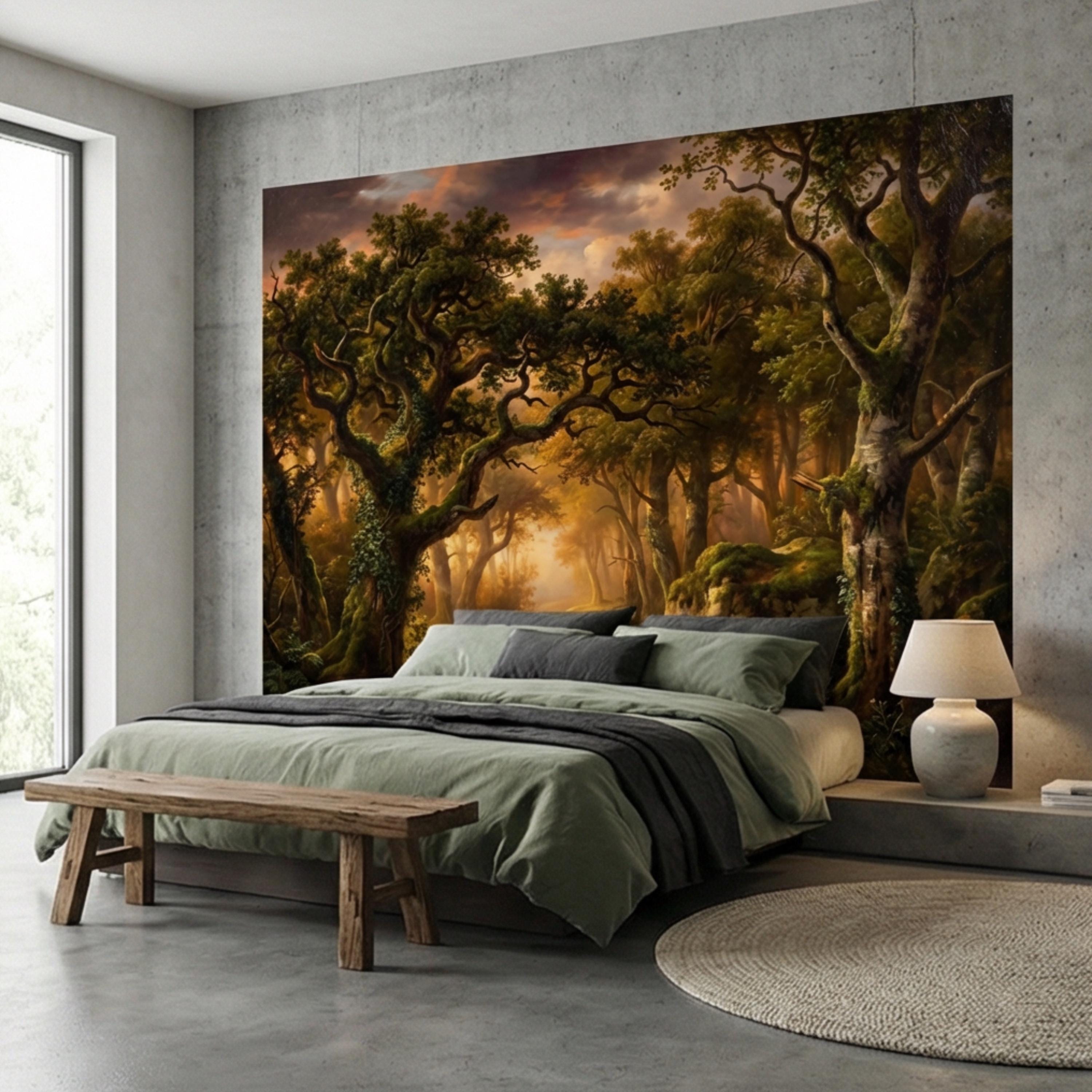 Enchanted Forest Path at Sunset Golden Woodland Landscape Peel and Stick Wall Mural, Moody Forest Wallpaper, Nature Wall Decor
