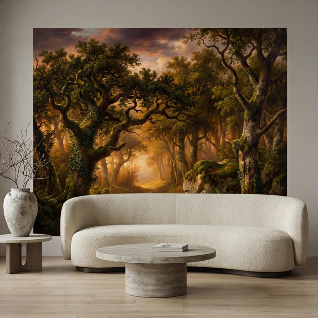 Enchanted Forest Path at Sunset Golden Woodland Landscape Peel and Stick Wall Mural, Moody Forest Wallpaper, Nature Wall Decor