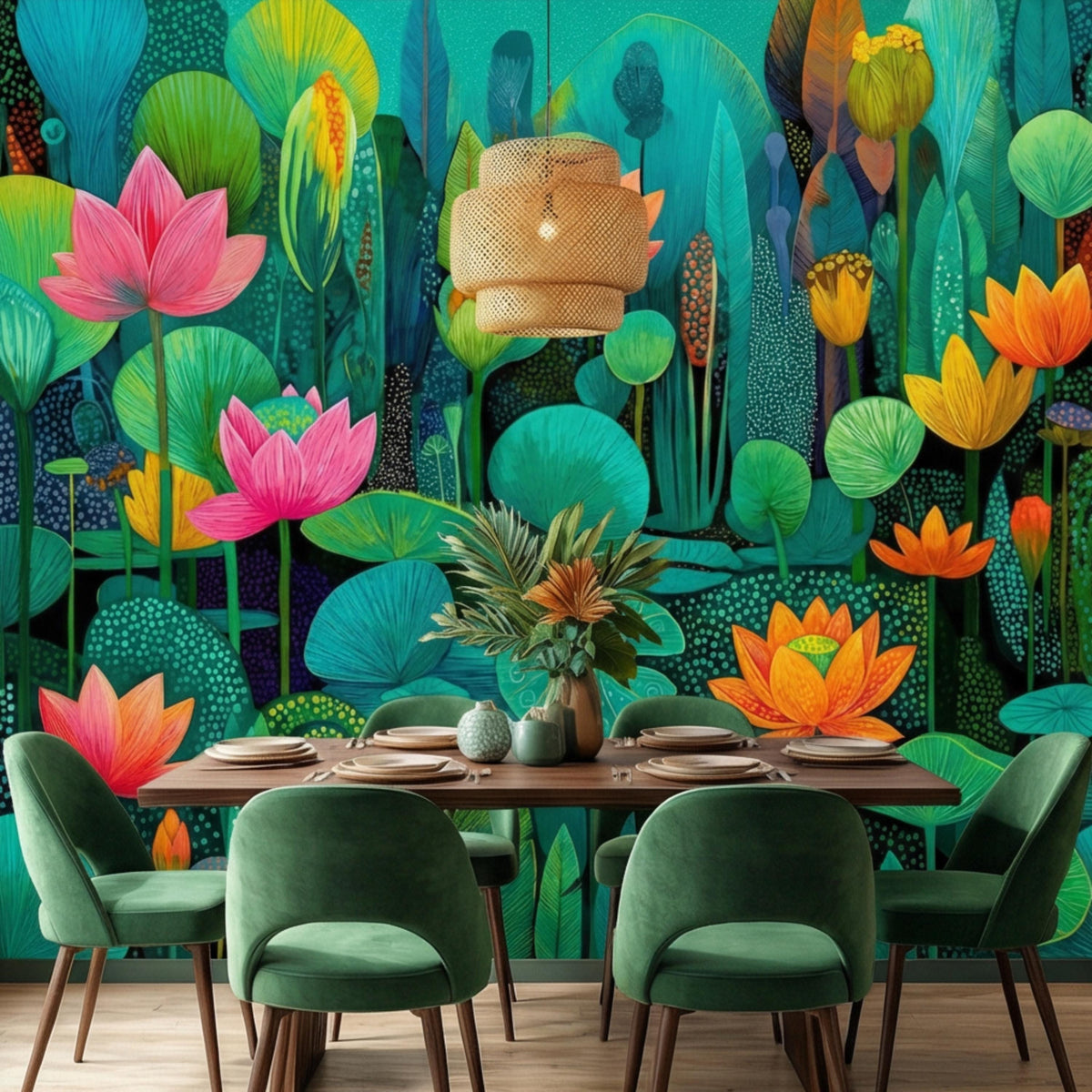Vivid teal lotus pond wall mural with pink water lilies, orange flowers, and green lily pads