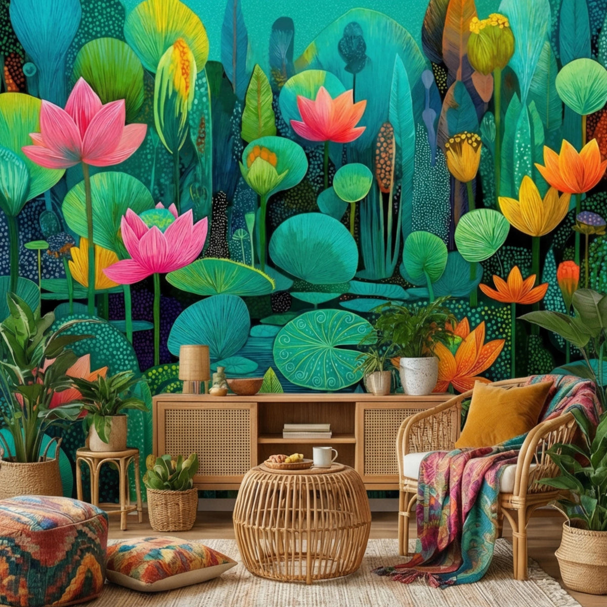 Teal lotus pond wall mural with pink and orange water lilies, lily pads, and green leaves