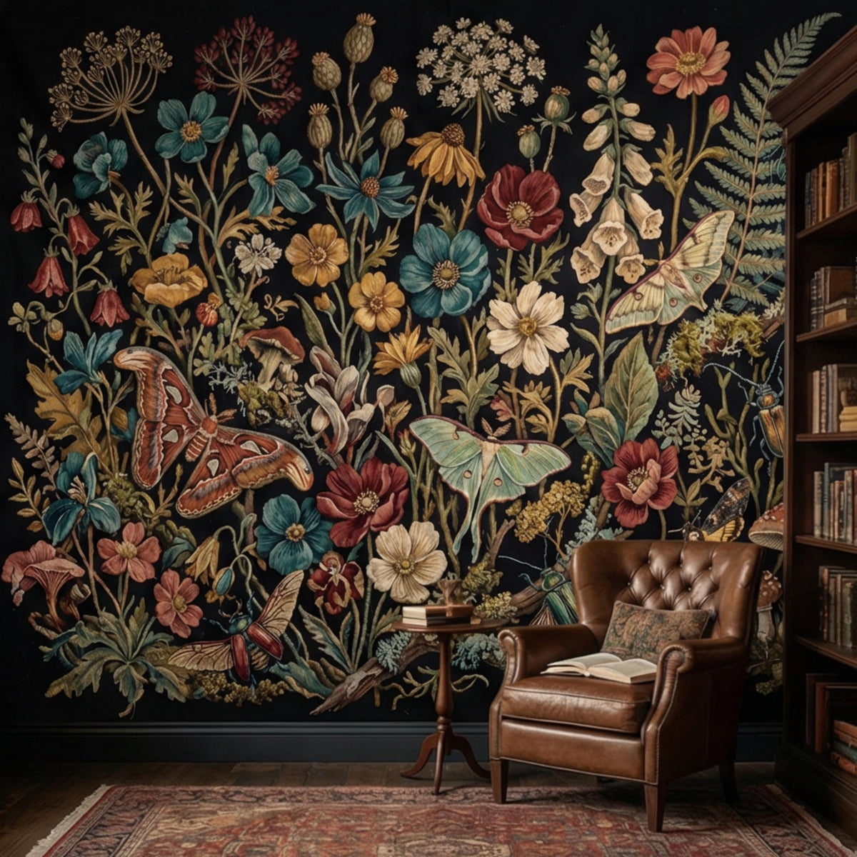 Dark floral garden wall mural with colorful wildflowers, ferns, and a moth illustration