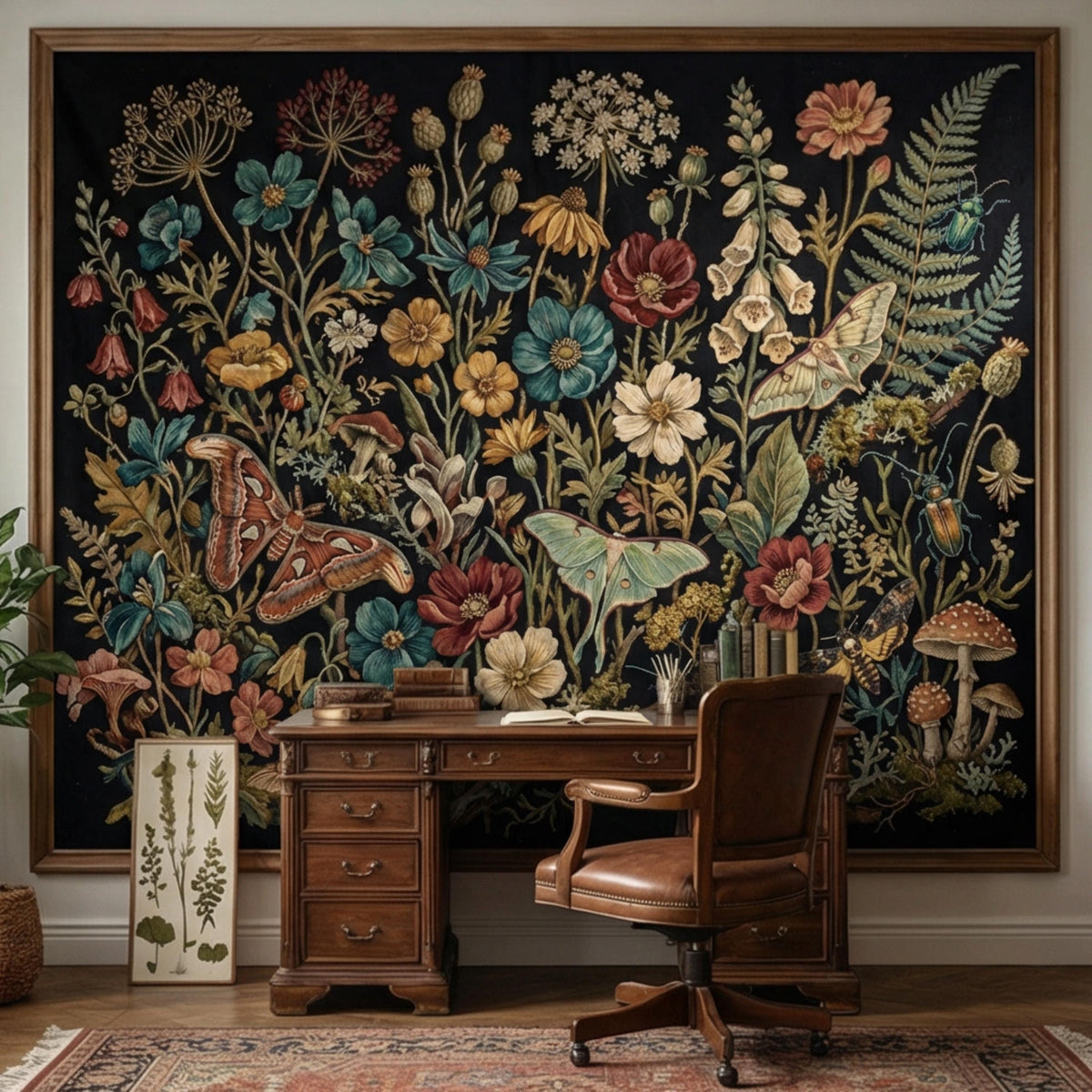 Framed wall mural panel with dark floral garden design, ferns, mushrooms, and moth