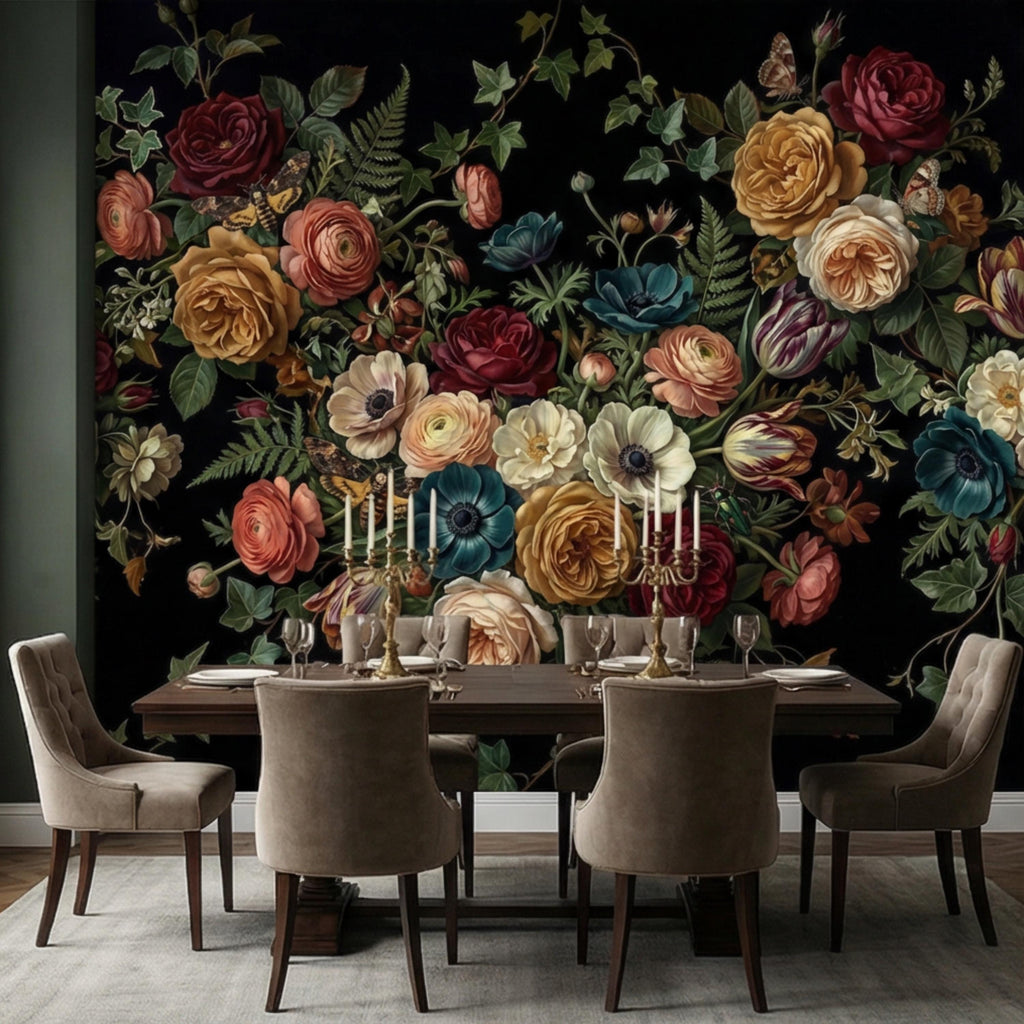 Dark Floral Moody Victorian Botanical Roses Anemones Ivy Peel and Stick Wall Mural, Vintage Black Garden Moths and Butterflies Wallpaper