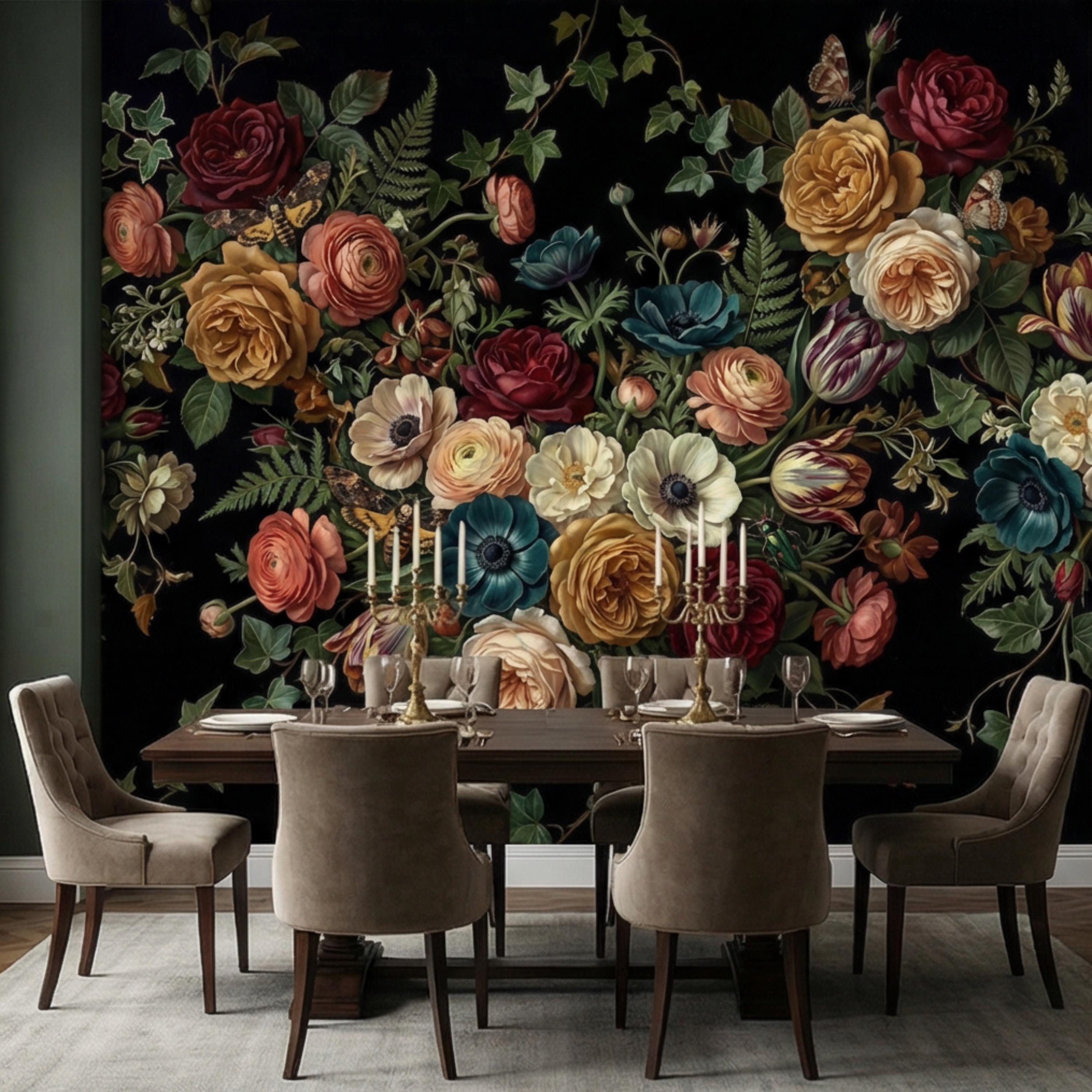 Dark Floral Moody Victorian Botanical Roses Anemones Ivy Peel and Stick Wall Mural, Vintage Black Garden Moths and Butterflies Wallpaper
