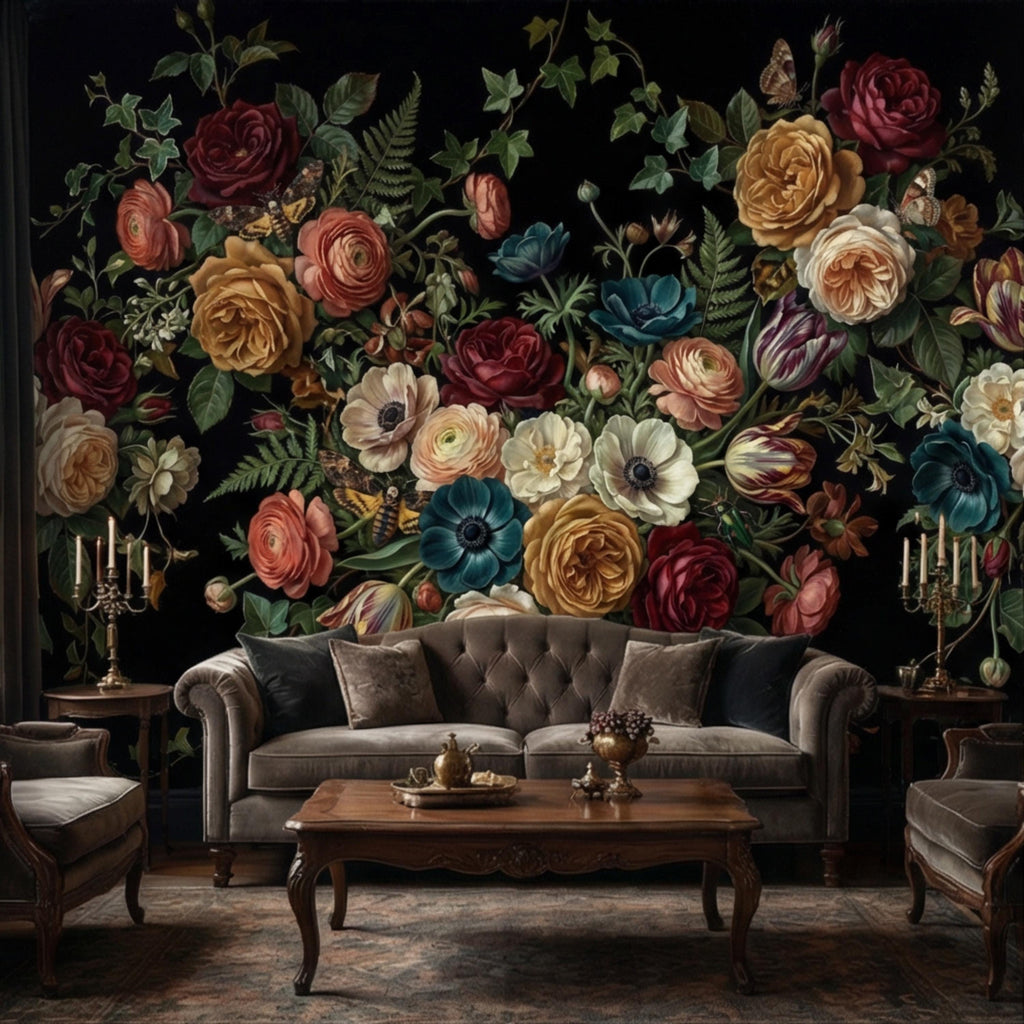 Dark Floral Moody Victorian Botanical Roses Anemones Ivy Peel and Stick Wall Mural, Vintage Black Garden Moths and Butterflies Wallpaper