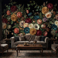 Dark Floral Moody Victorian Botanical Roses Anemones Ivy Peel and Stick Wall Mural, Vintage Black Garden Moths and Butterflies Wallpaper