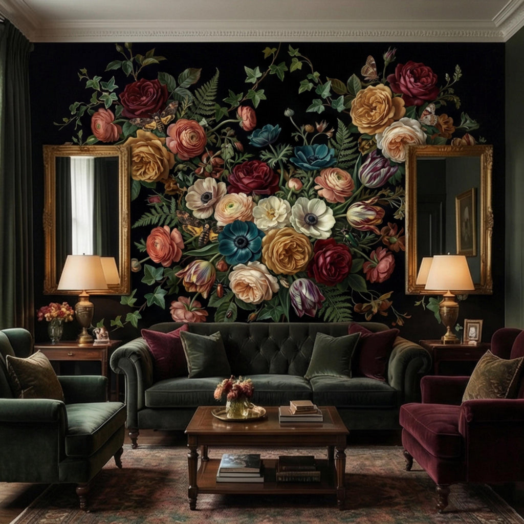 Dark Floral Moody Victorian Botanical Roses Anemones Ivy Peel and Stick Wall Mural, Vintage Black Garden Moths and Butterflies Wallpaper