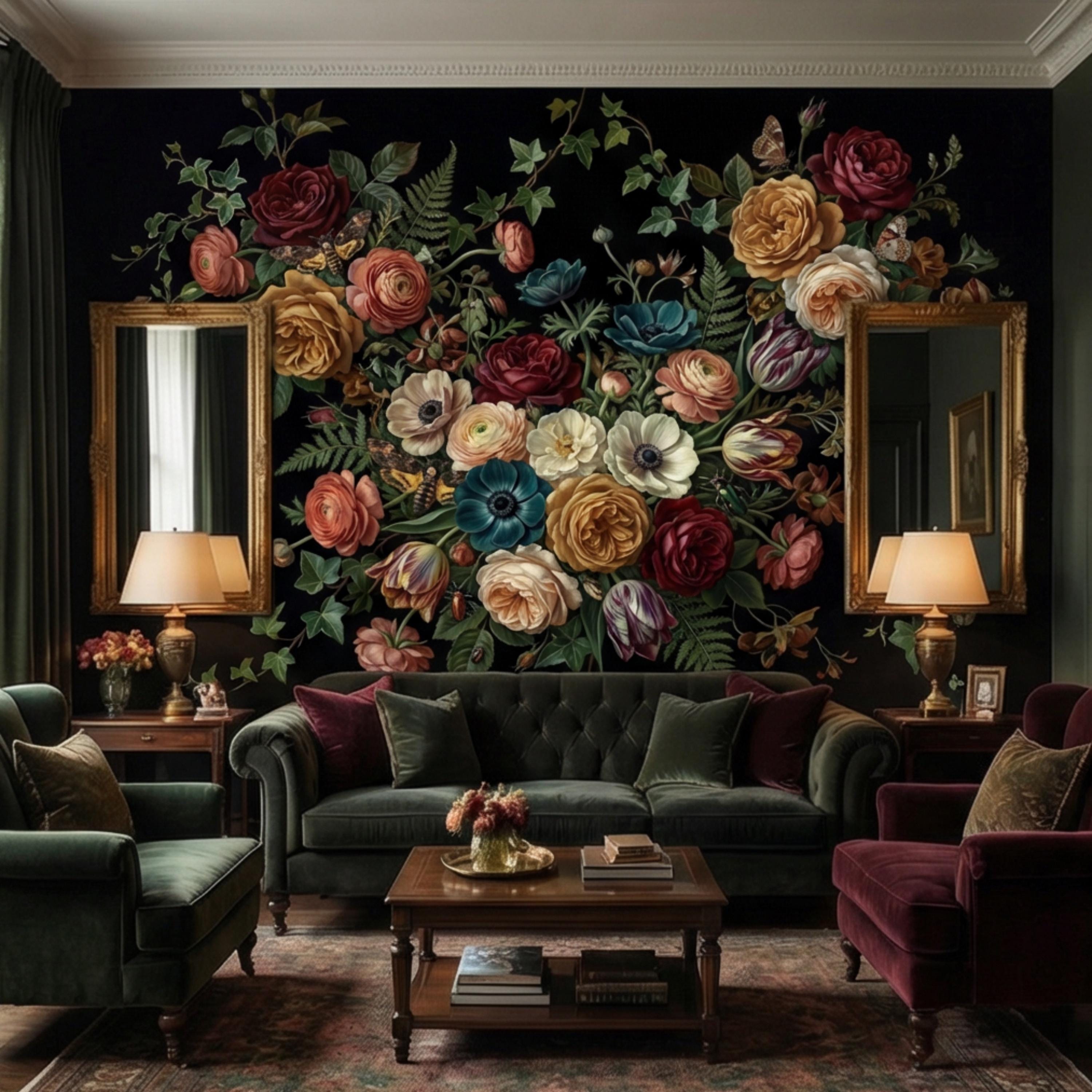 Dark Floral Moody Victorian Botanical Roses Anemones Ivy Peel and Stick Wall Mural, Vintage Black Garden Moths and Butterflies Wallpaper