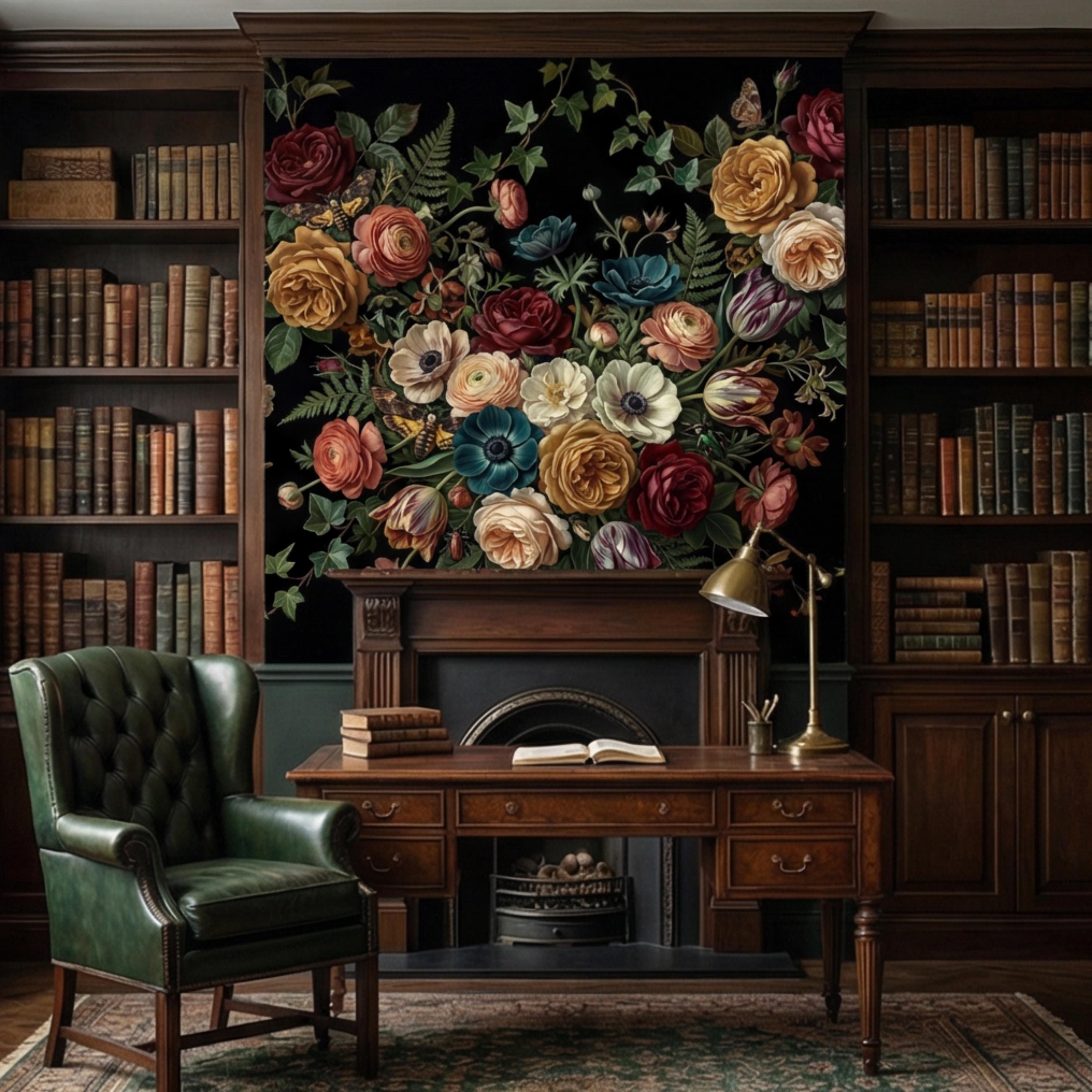 Dark Floral Moody Victorian Botanical Roses Anemones Ivy Peel and Stick Wall Mural, Vintage Black Garden Moths and Butterflies Wallpaper