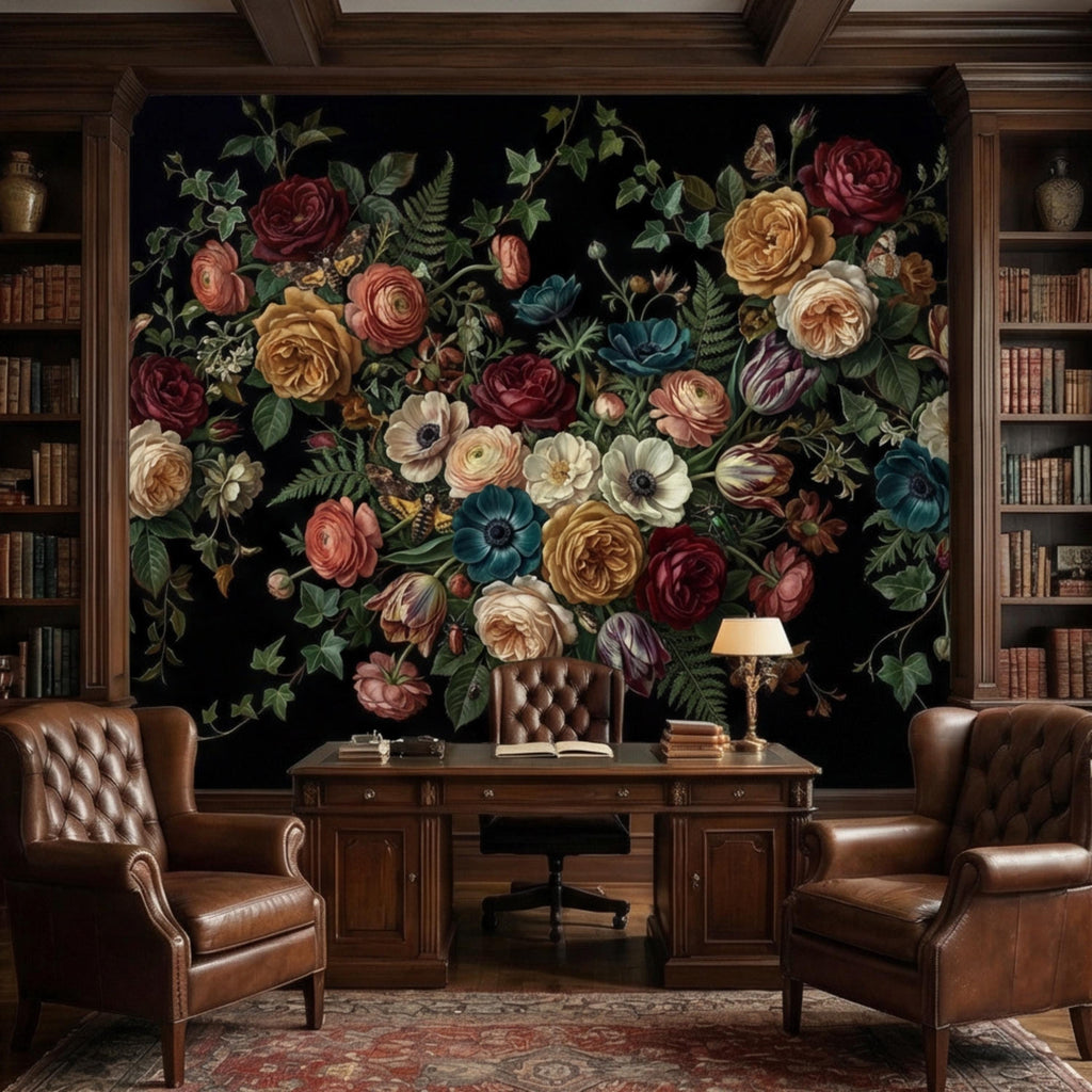 Dark Floral Moody Victorian Botanical Roses Anemones Ivy Peel and Stick Wall Mural, Vintage Black Garden Moths and Butterflies Wallpaper