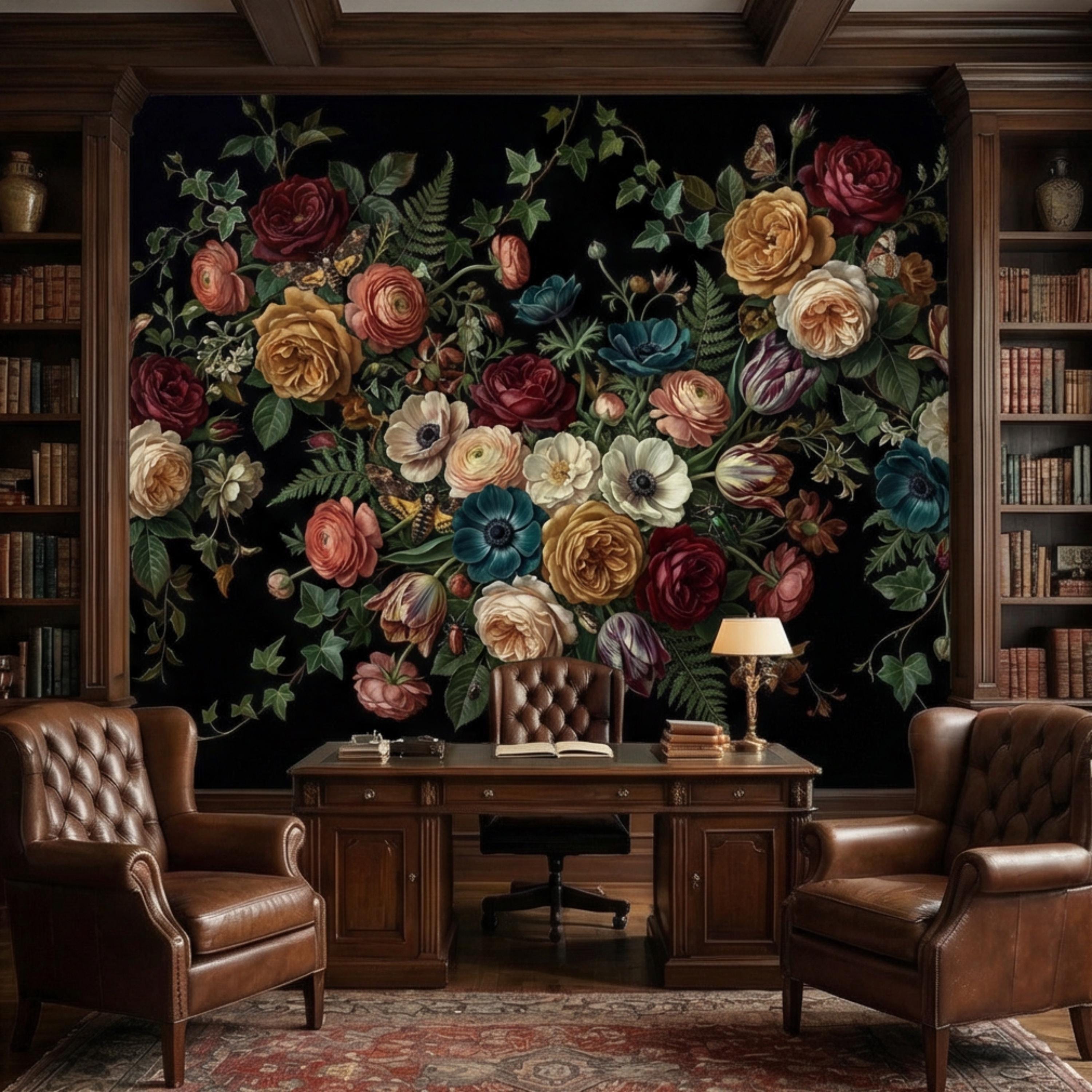 Dark Floral Moody Victorian Botanical Roses Anemones Ivy Peel and Stick Wall Mural, Vintage Black Garden Moths and Butterflies Wallpaper